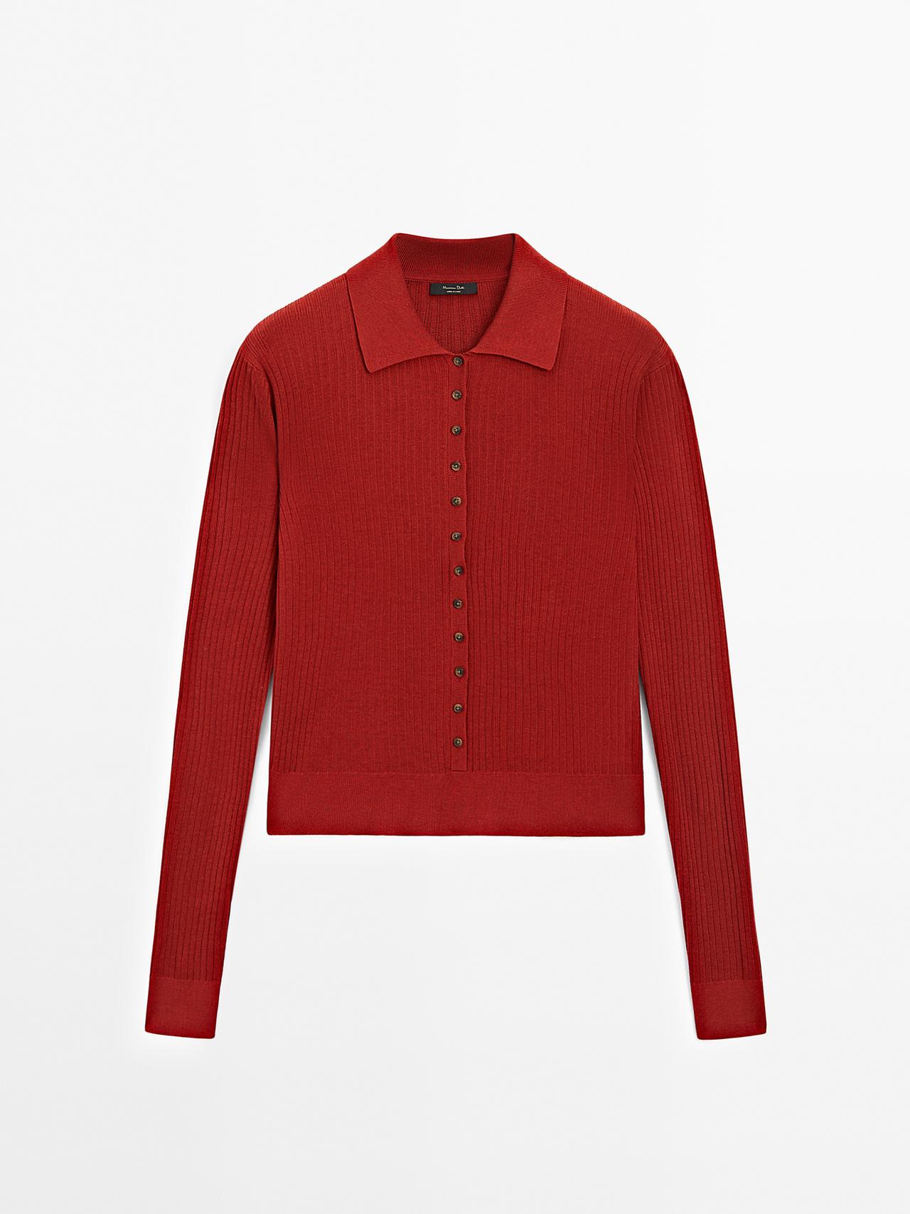 Massimo Dutti - Dame - Trøje I Ribstrik Med Polokrave Og Knapper - Rød - M