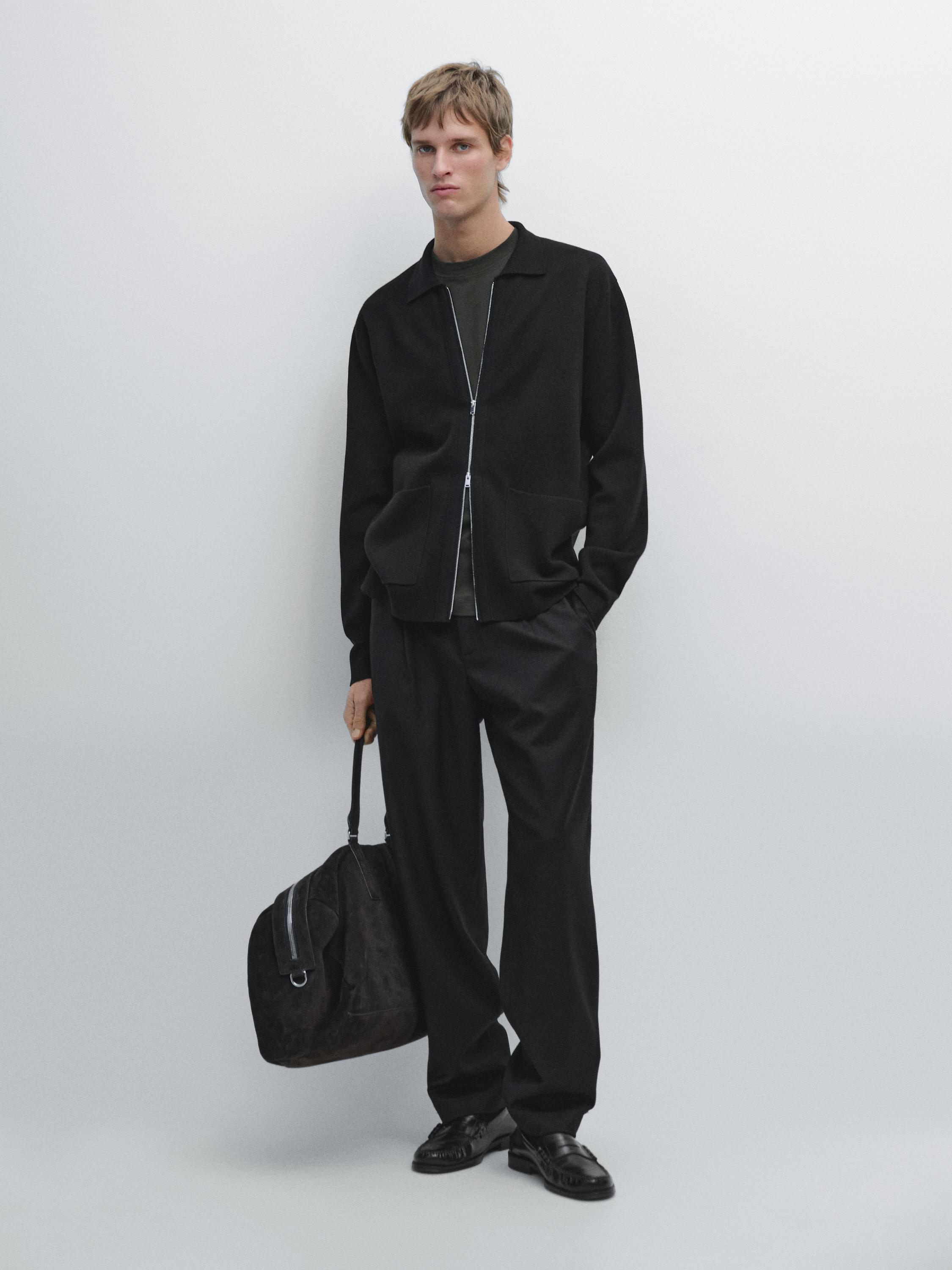 Zip-up knit cotton and wool blend cardigan with pockets