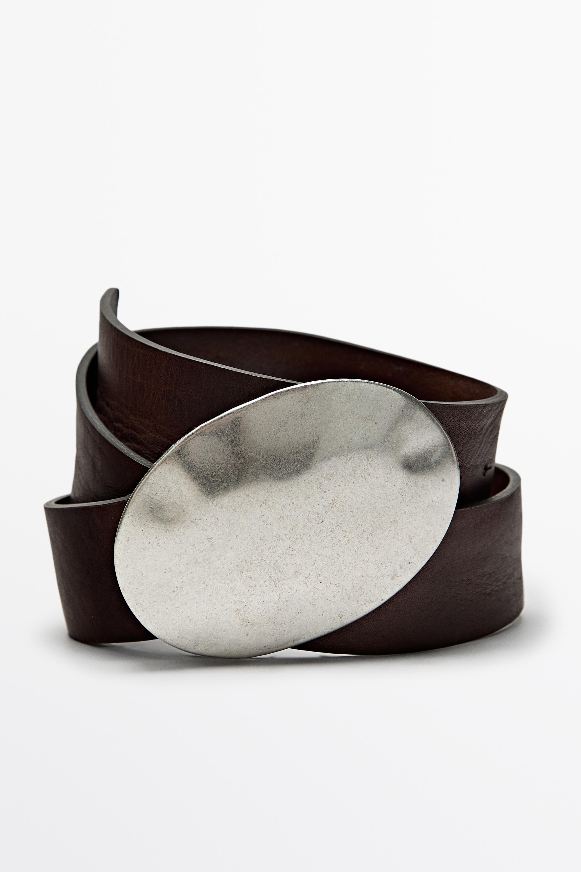 Nappa leather texture belt with oval buckle — BROWN