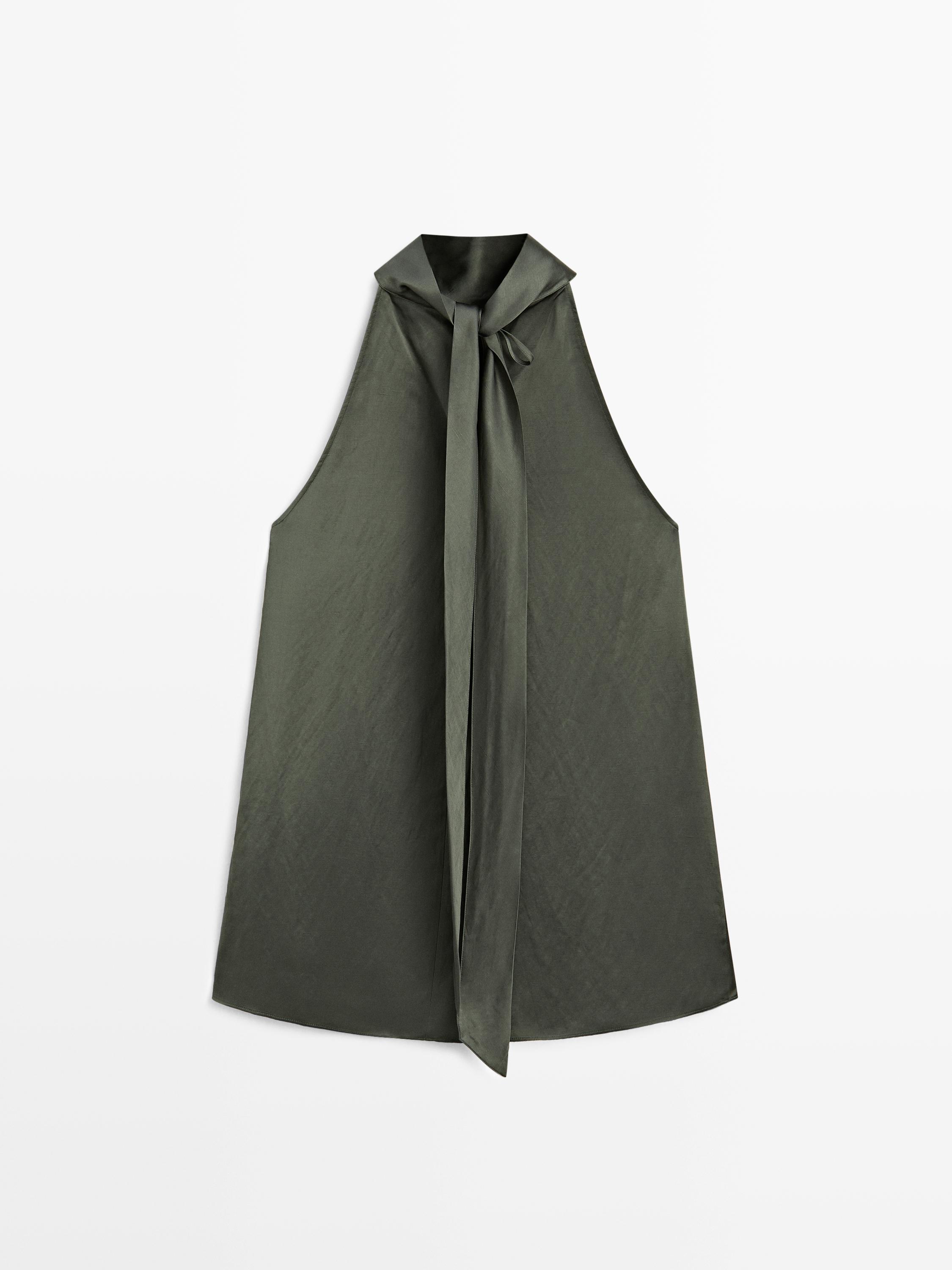 Satin halter top with tie detail — BLUISH GREEN