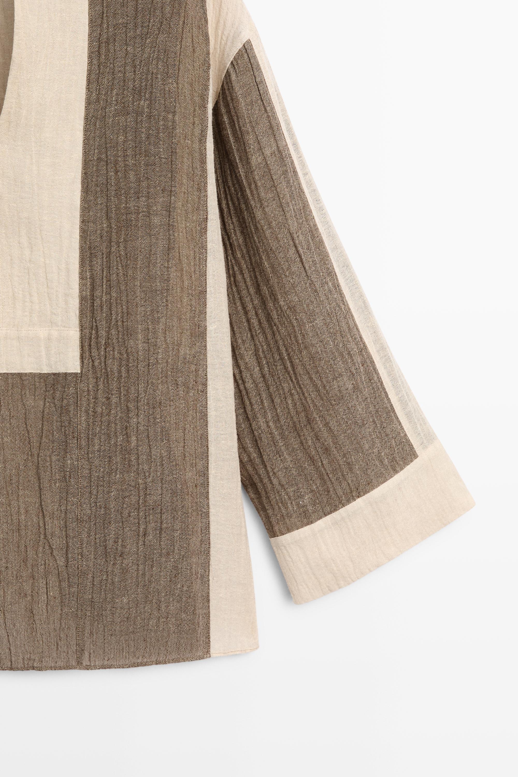 Flowing textured linen blend blouse — TAUPE GREY