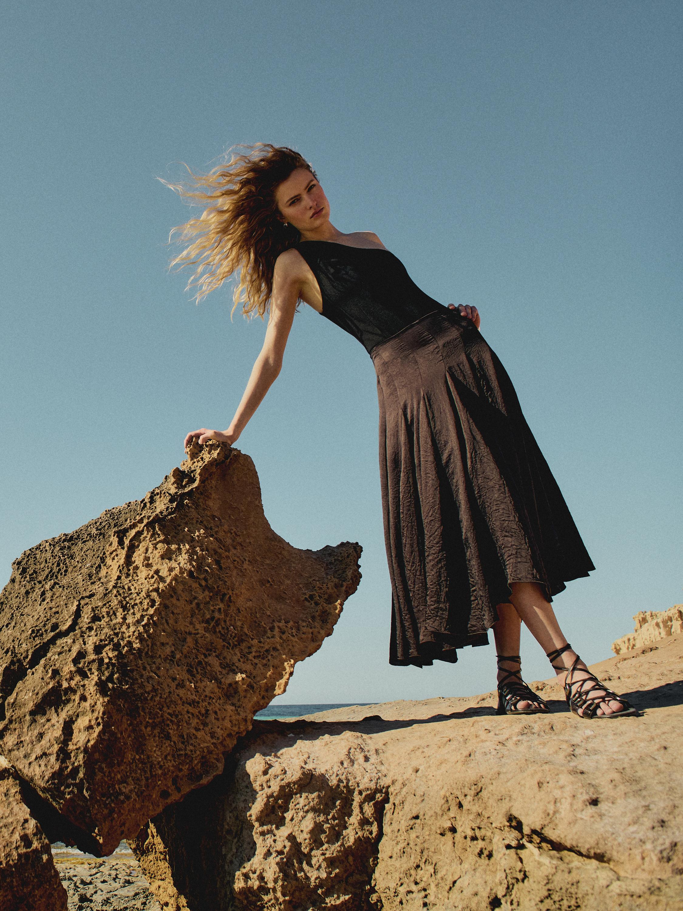 Satin midi skirt with yoke detail