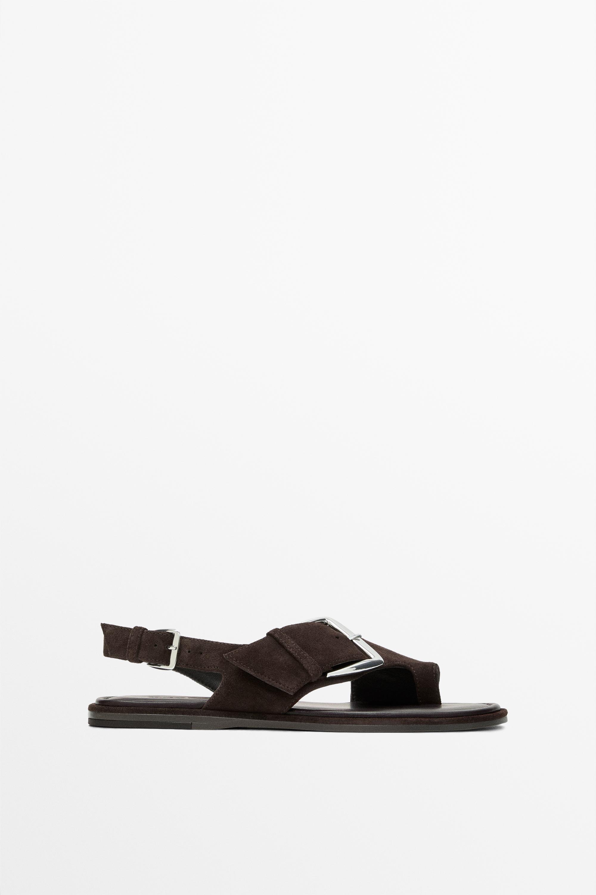 Flat slider sandals with buckle — BROWN