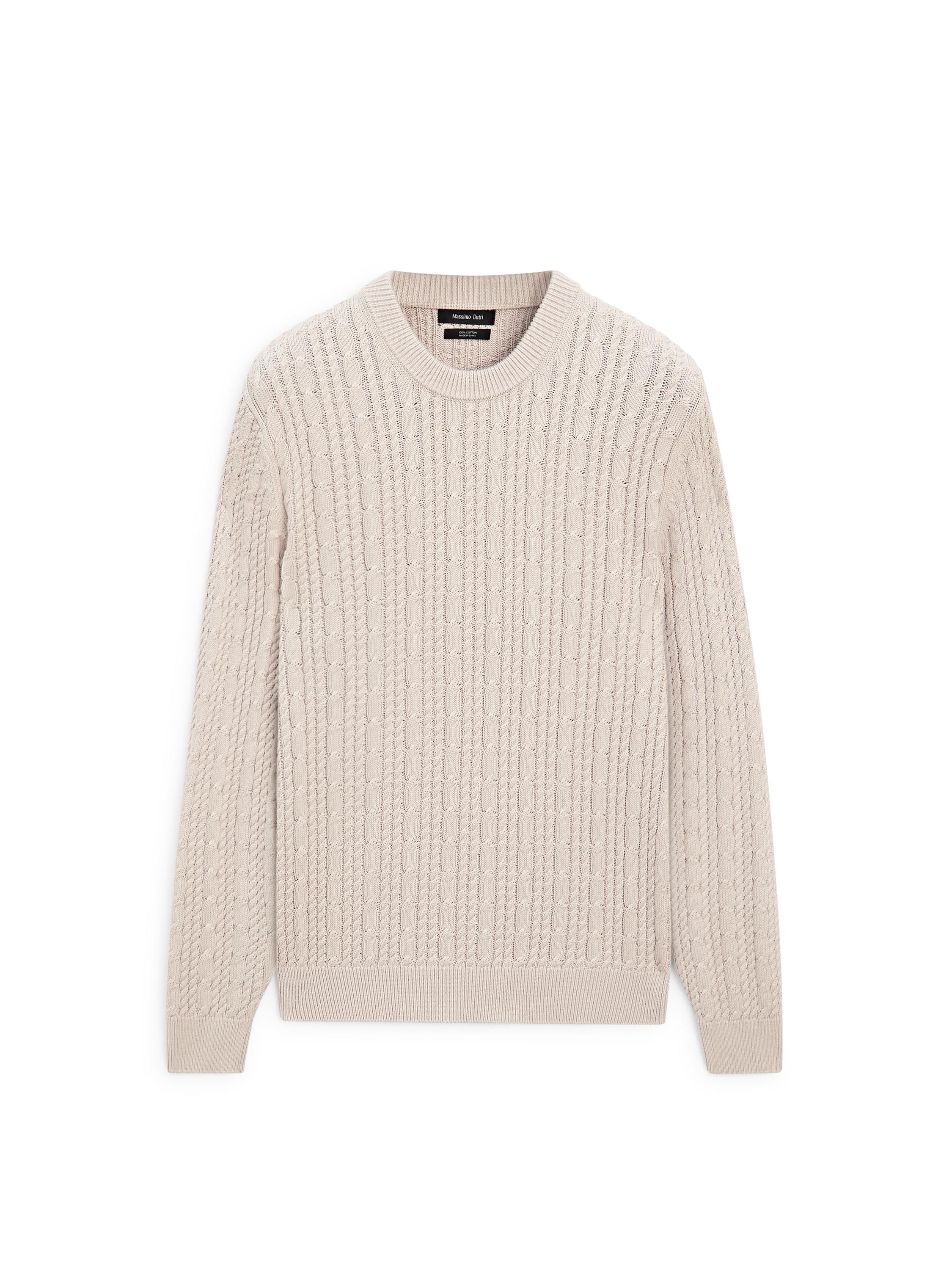 Cable-knit 100% cotton sweater with crew neck — STONE