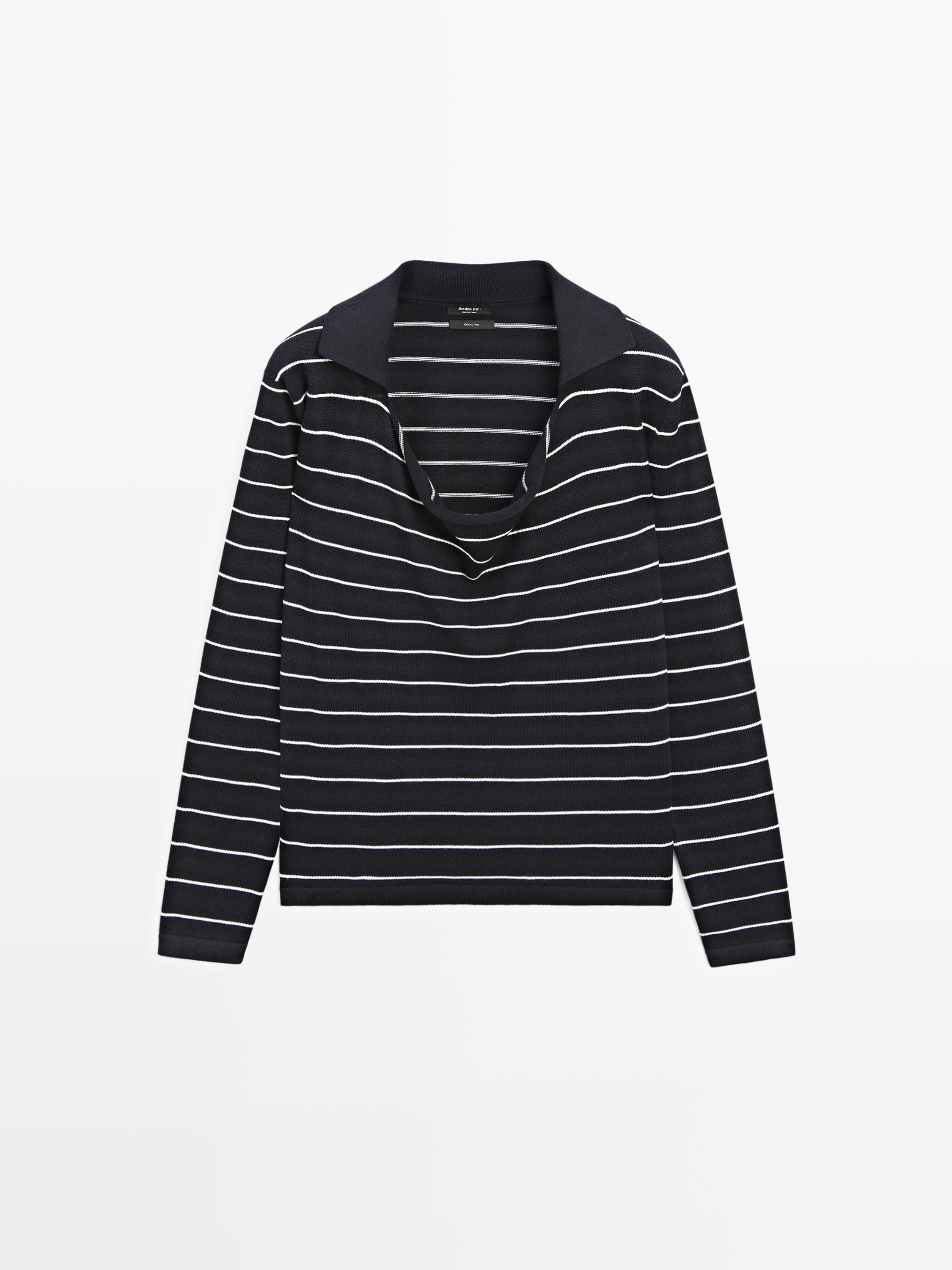 Cotton striped knit polo sweater