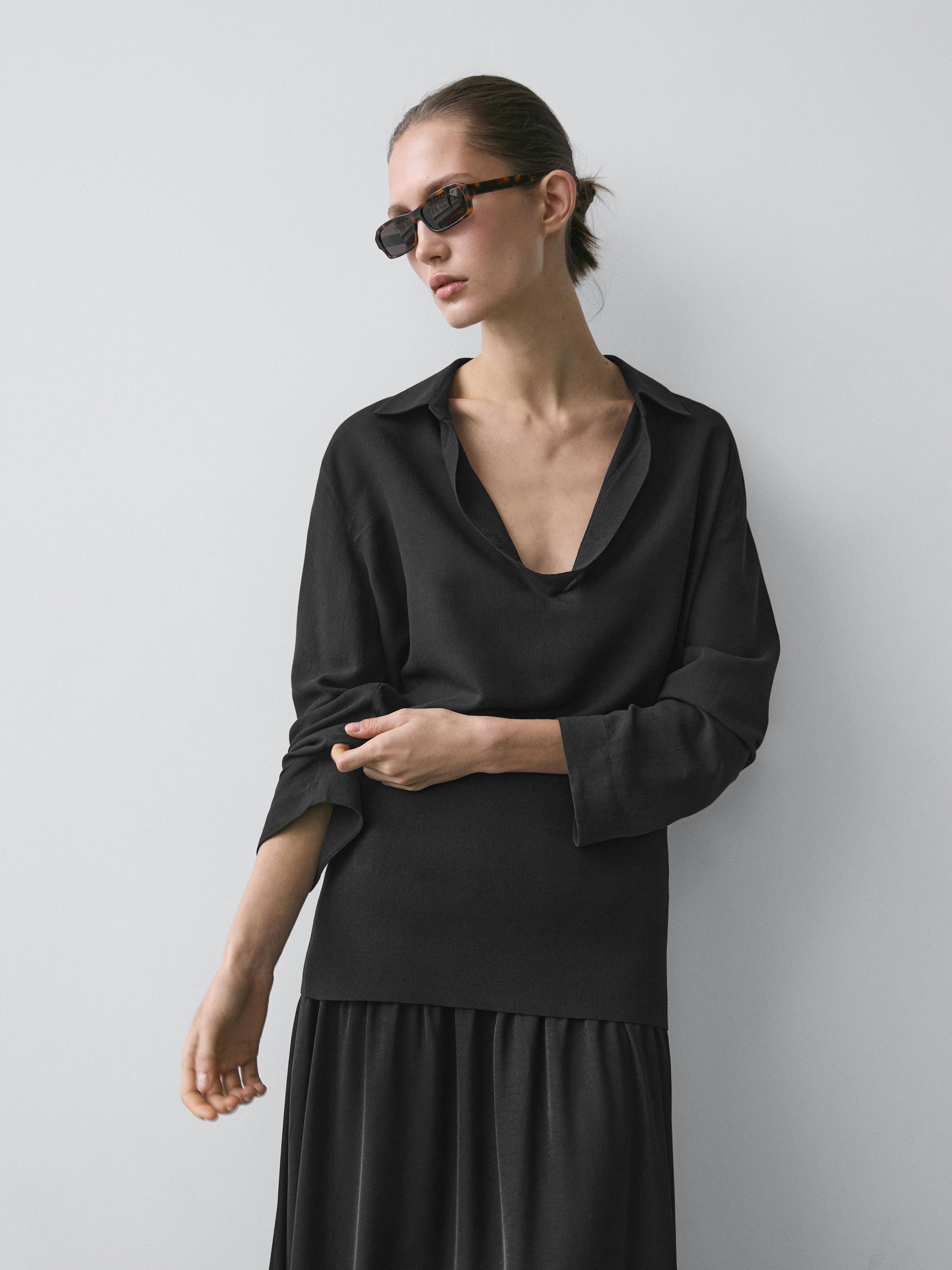Flowing cotton blend V-neck shirt — BROWN