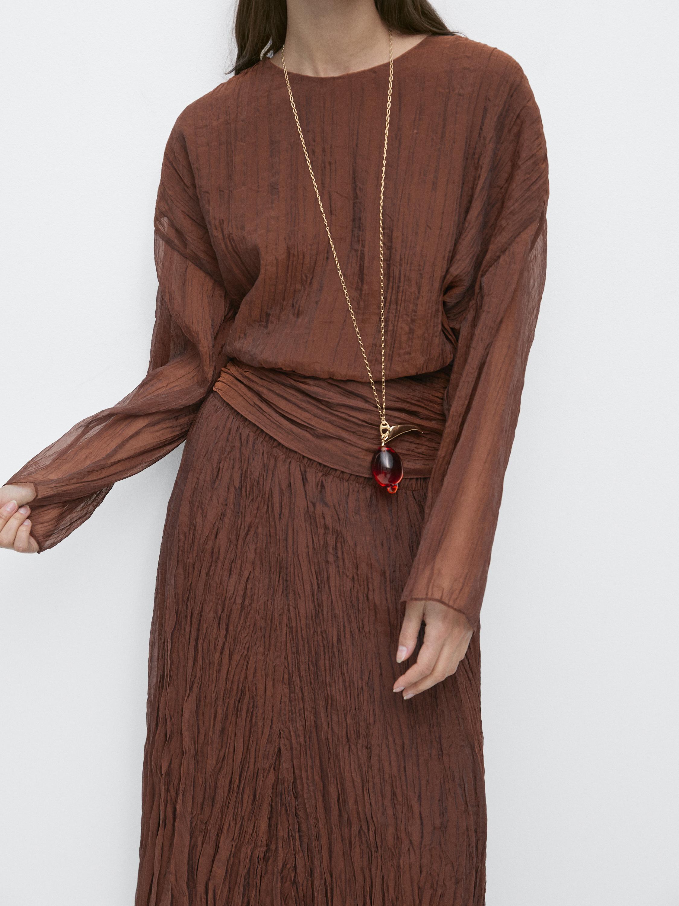 Blouse with sash belt and gathered details — Caramel