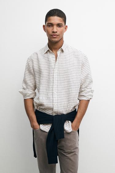 100% linen regular-fit check shirt — BLUE 3