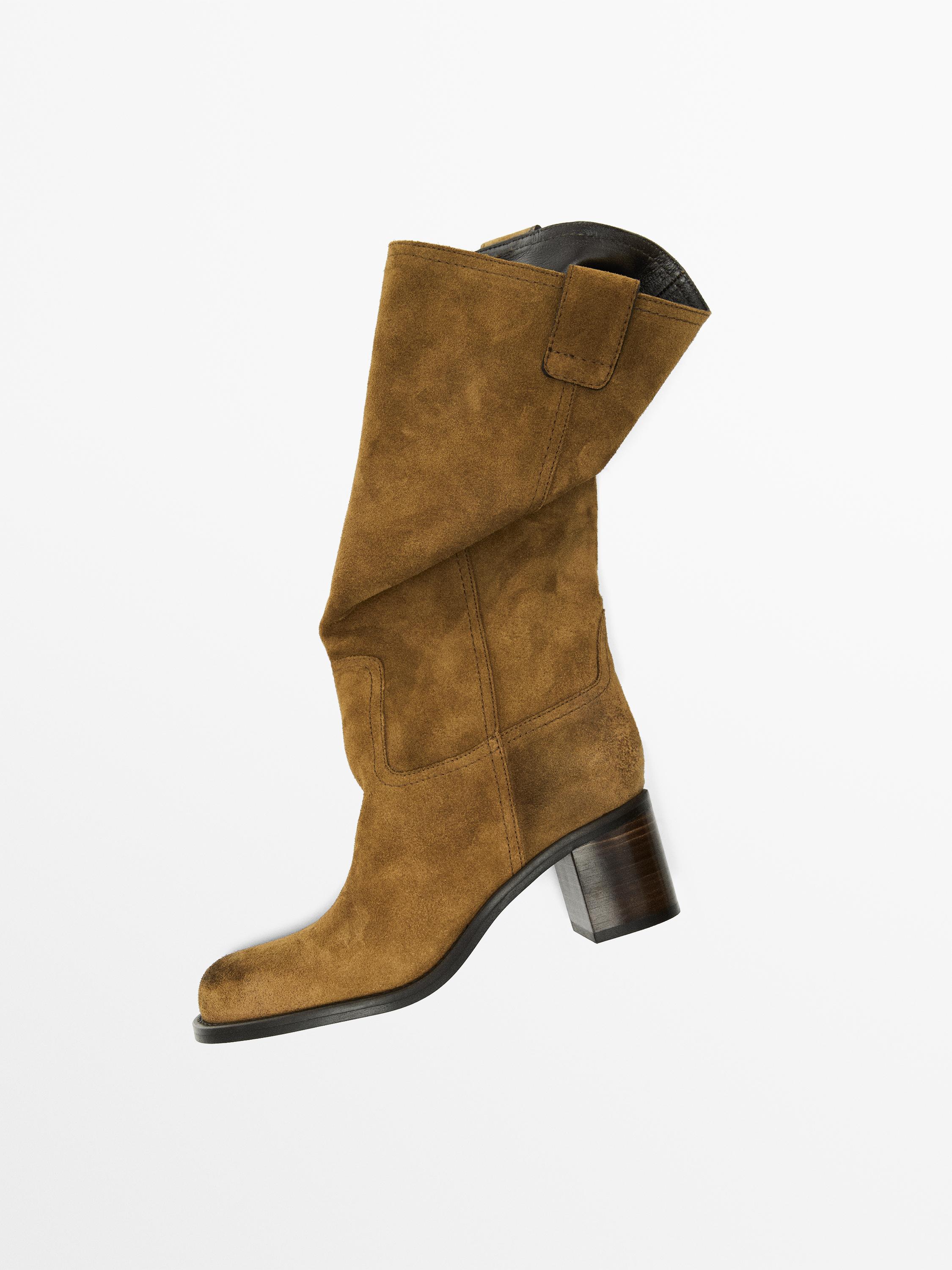 Brushed split leather heeled boots