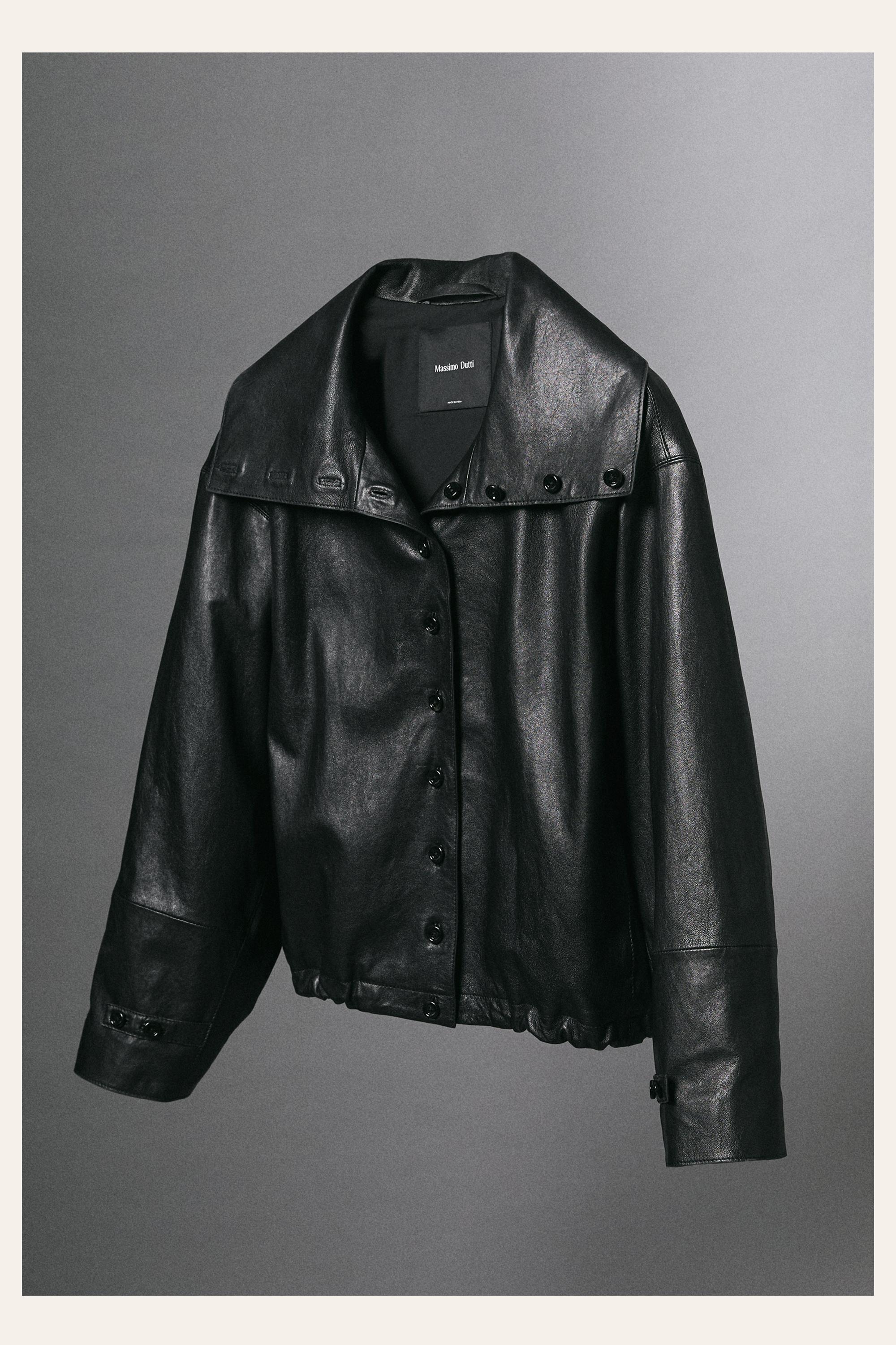 Nappa leather bomber jacket with button detail — BLACK