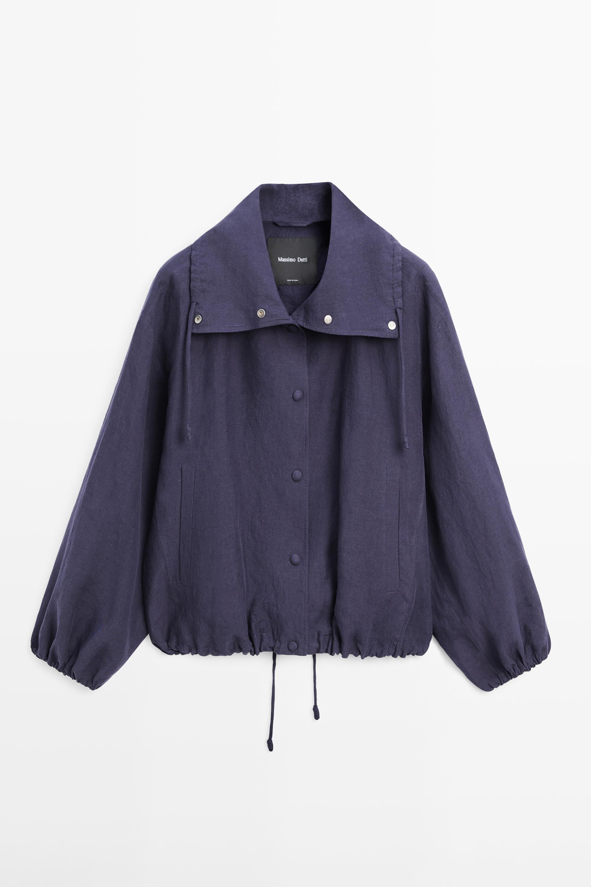 100% linen bomber jacket with collar detail — INDIGO