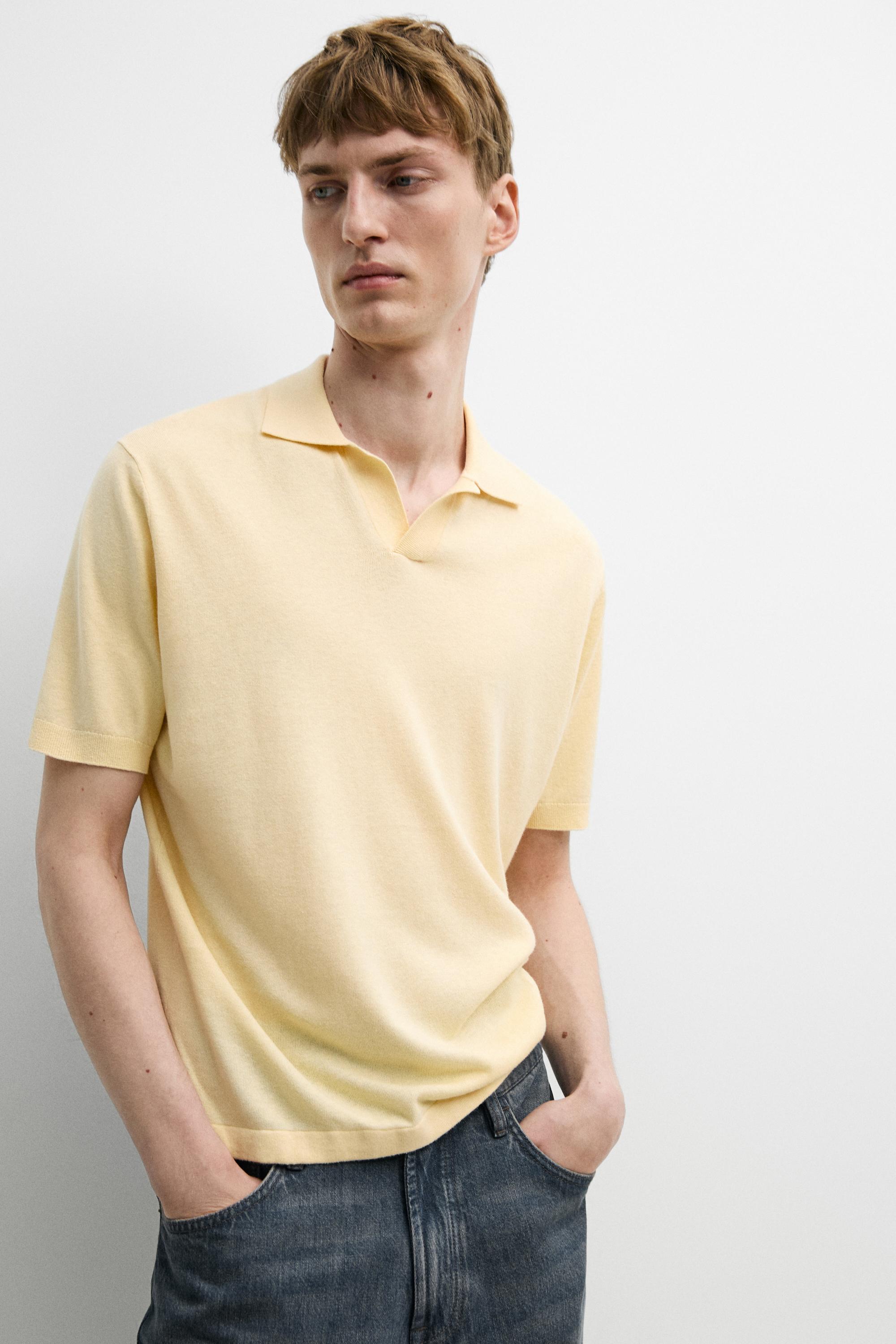 Cotton and linen knit polo sweater — Yellow