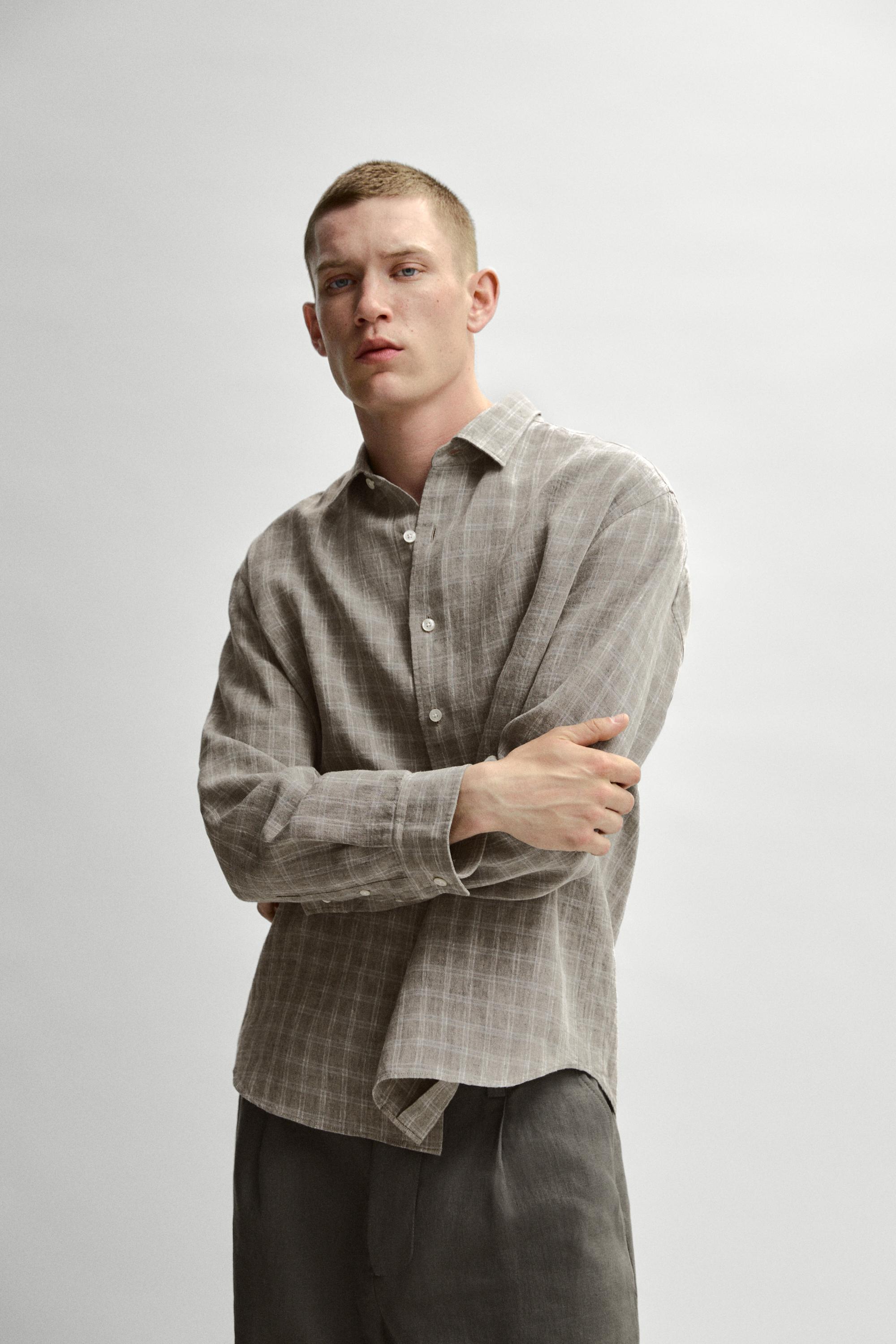 100% linen check shirt — GREY