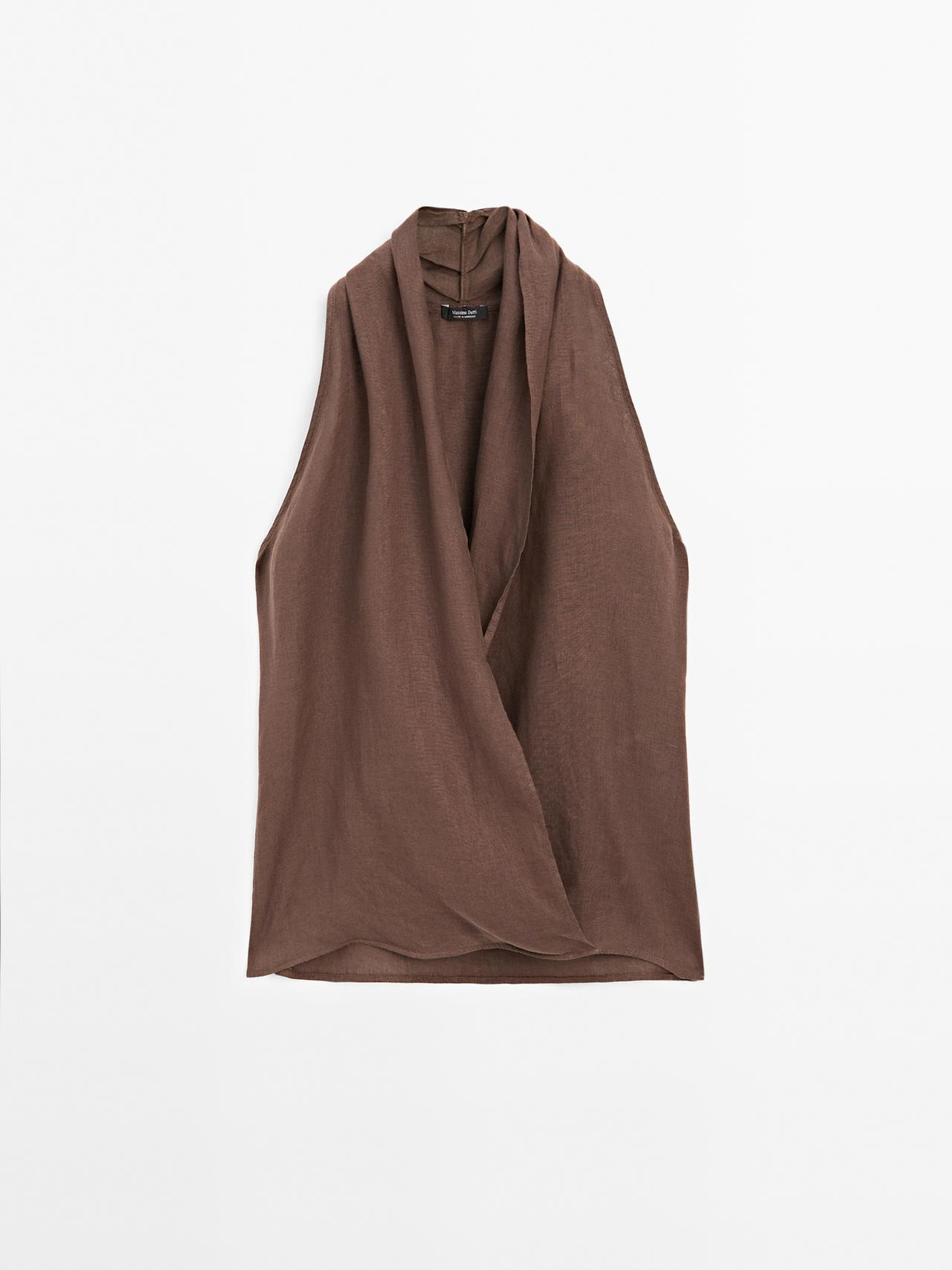 Massimo Dutti - Dame - Top I Hør Med Overlappende Halterneck - Brun - Xs