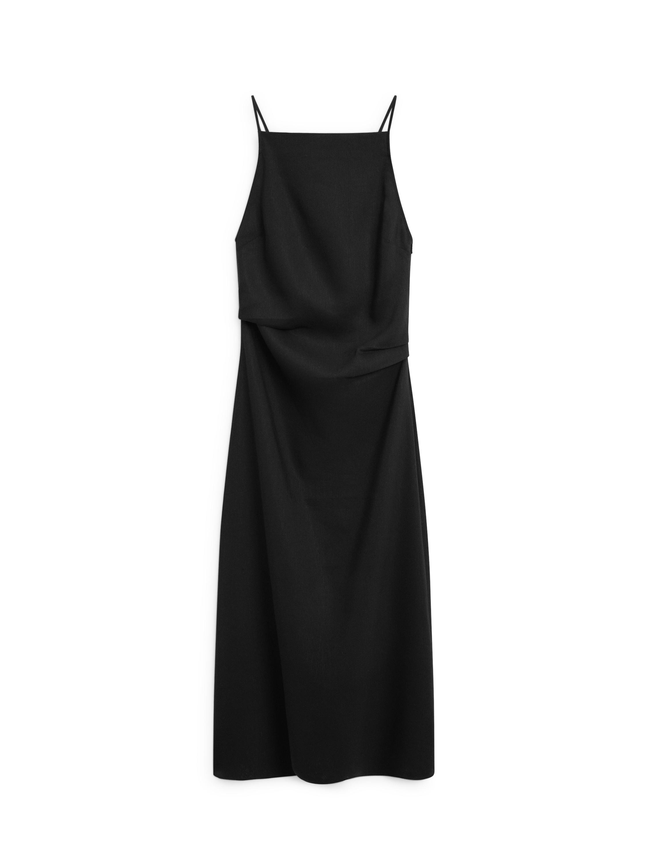 Linen blend spaghetti strap midi dress — BLACK