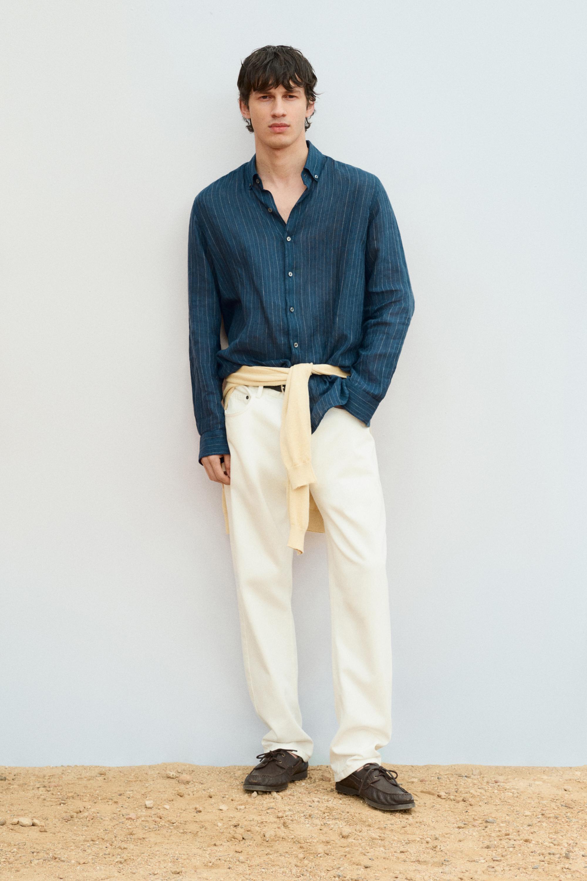 100% linen regular fit striped shirt — NAVY BLUE