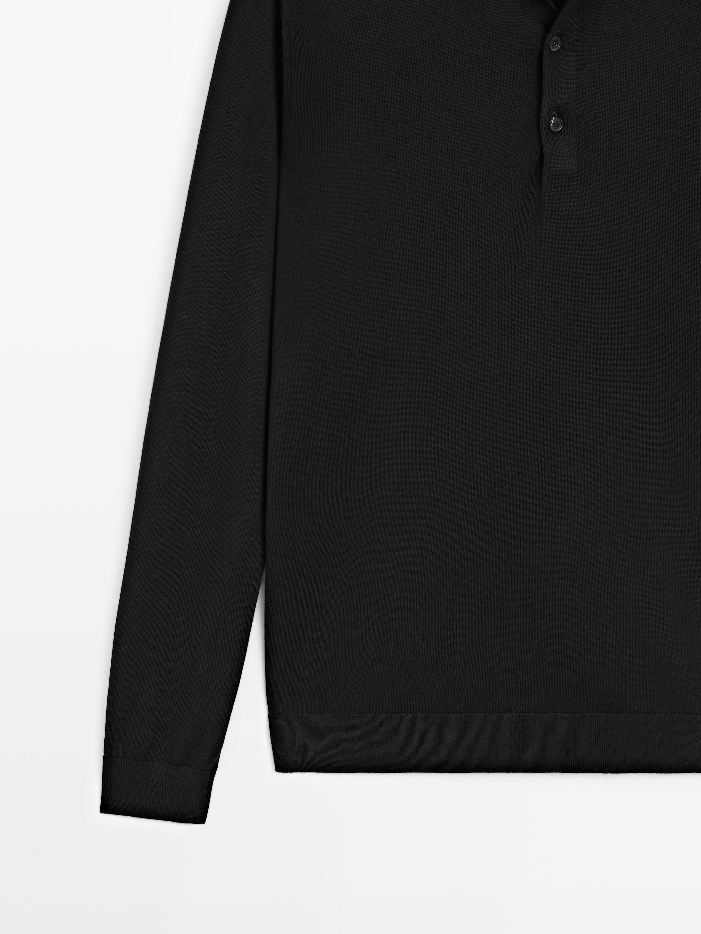 100% wool knit sweater with polo collar — BLACK