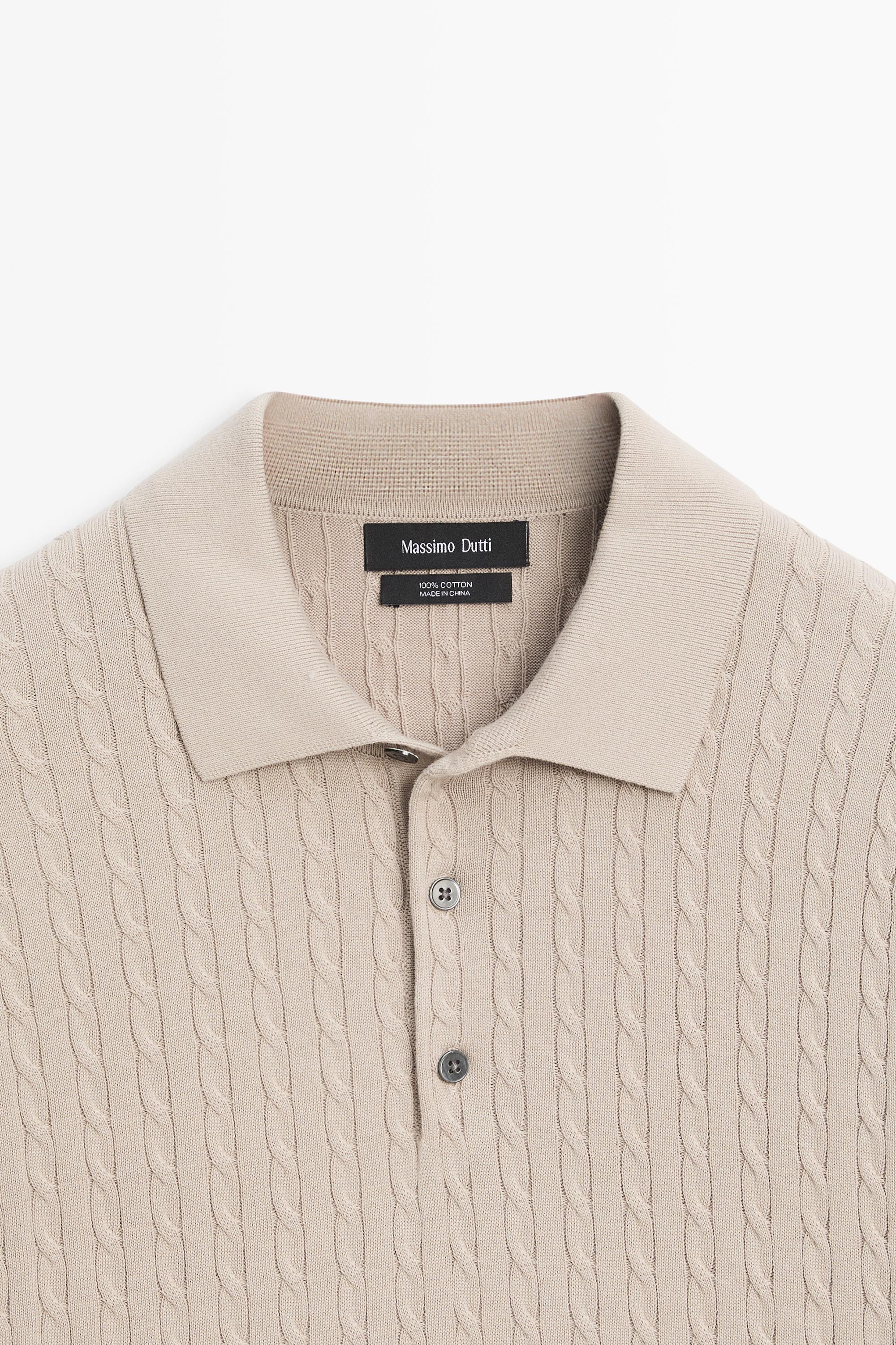100% cotton cable-knit polo shirt — Sand beige
