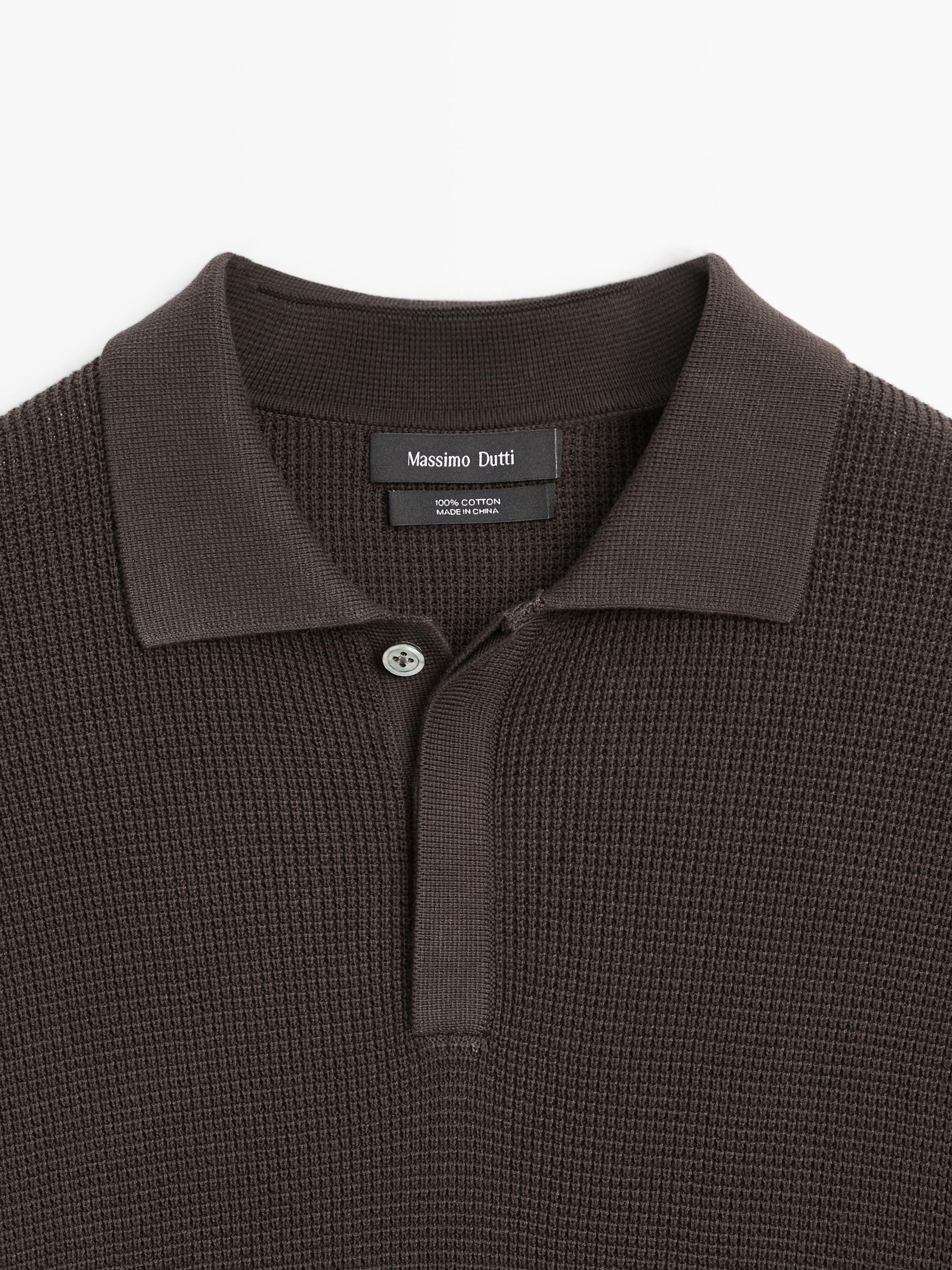 Textured cotton knit polo shirt — BROWN MARL