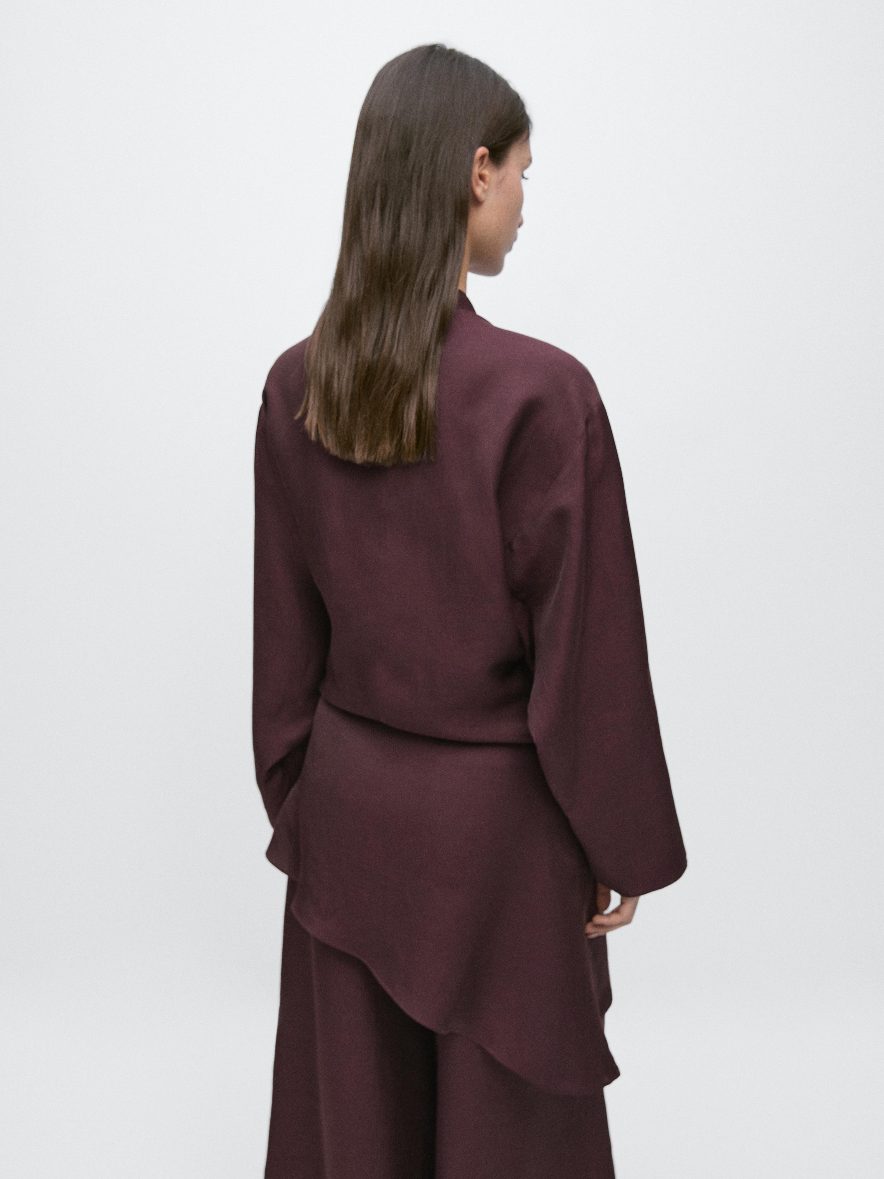 Linen blend shirt with bow detail — AUBERGINE