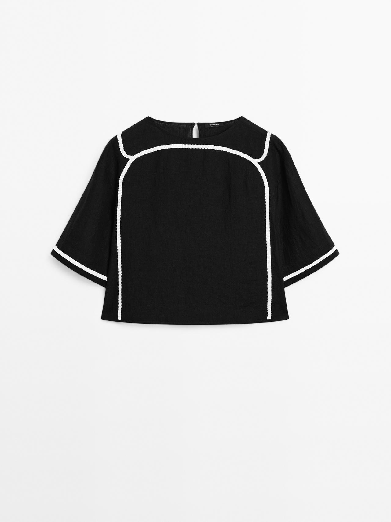 Massimo Dutti - Dame - Bluse Med Kontrasterende Broderi - Sort - L