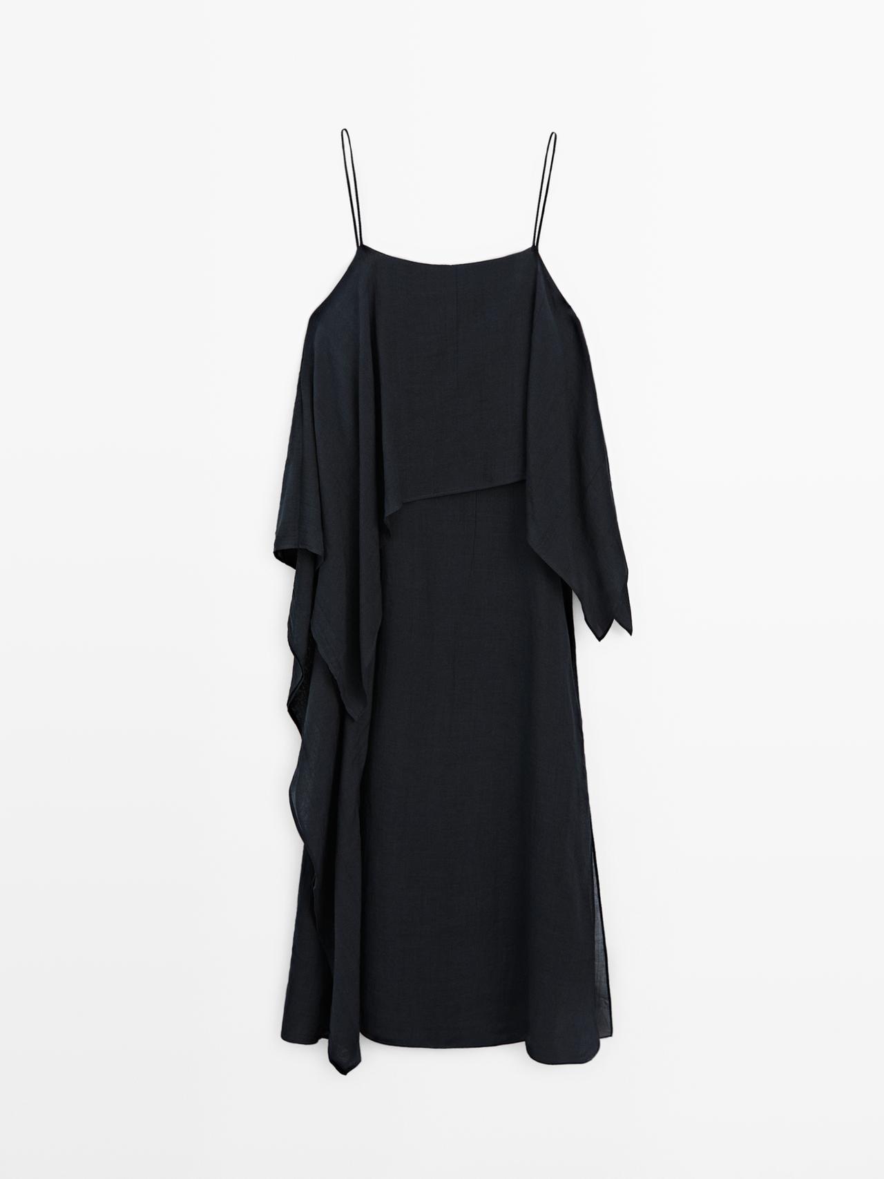 Massimo Dutti - Dame - Midikjole Med Asymmetrisk Flæsedetalje - Mørkeblå - Xs