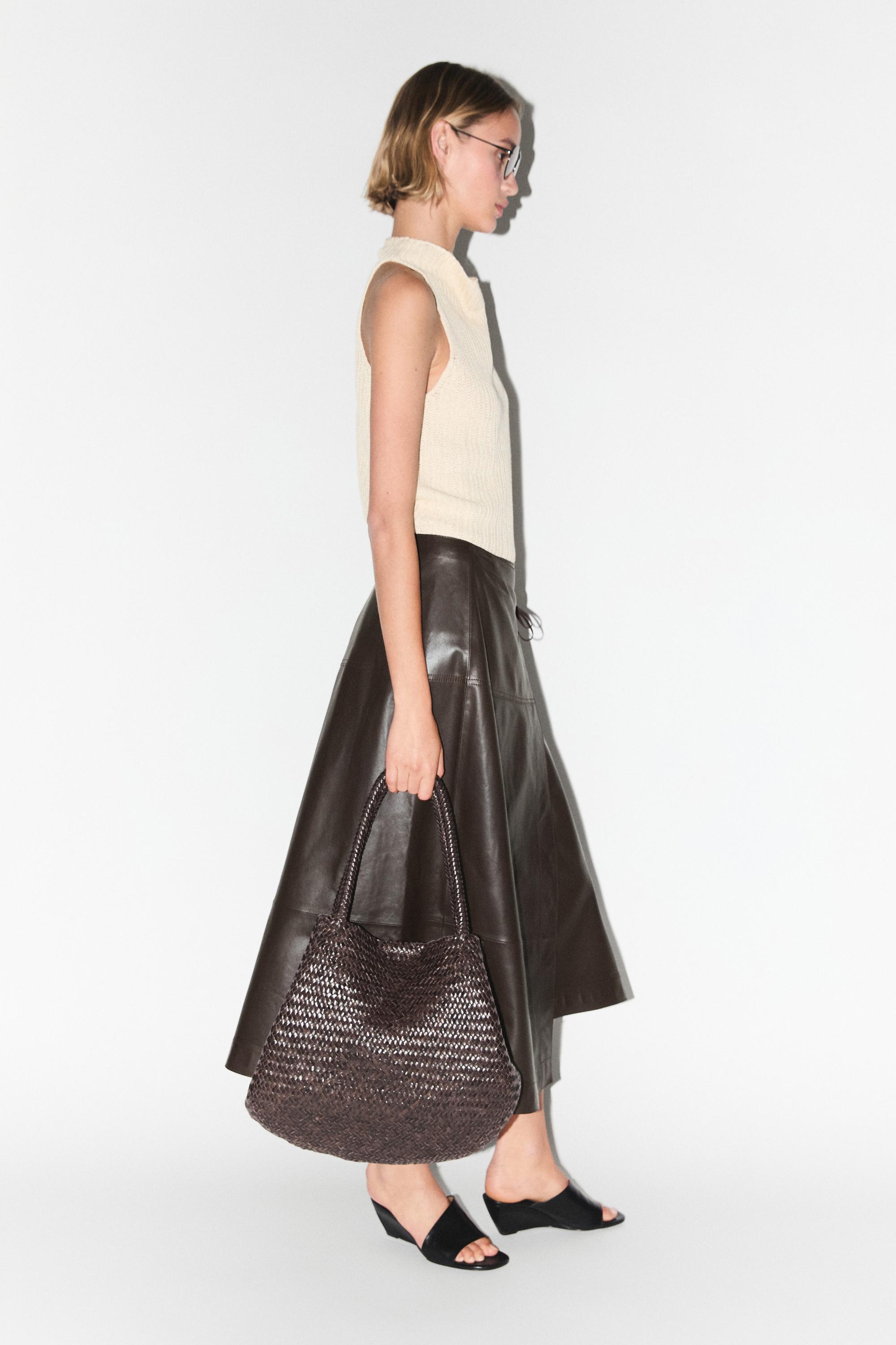 Nappa leather midi skirt with tie detail — BROWN