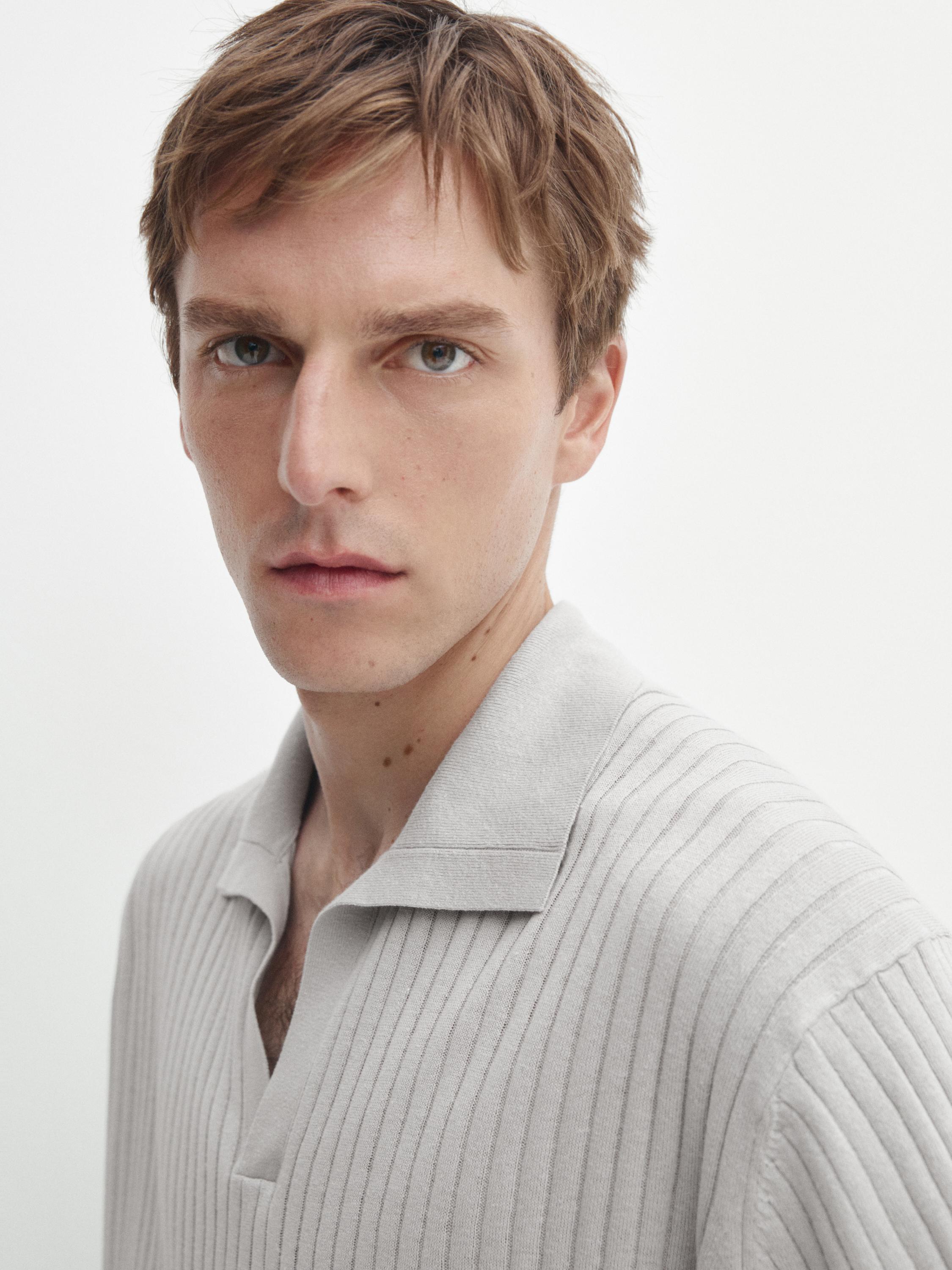 Ribbed knit cotton and linen blend polo shirt
