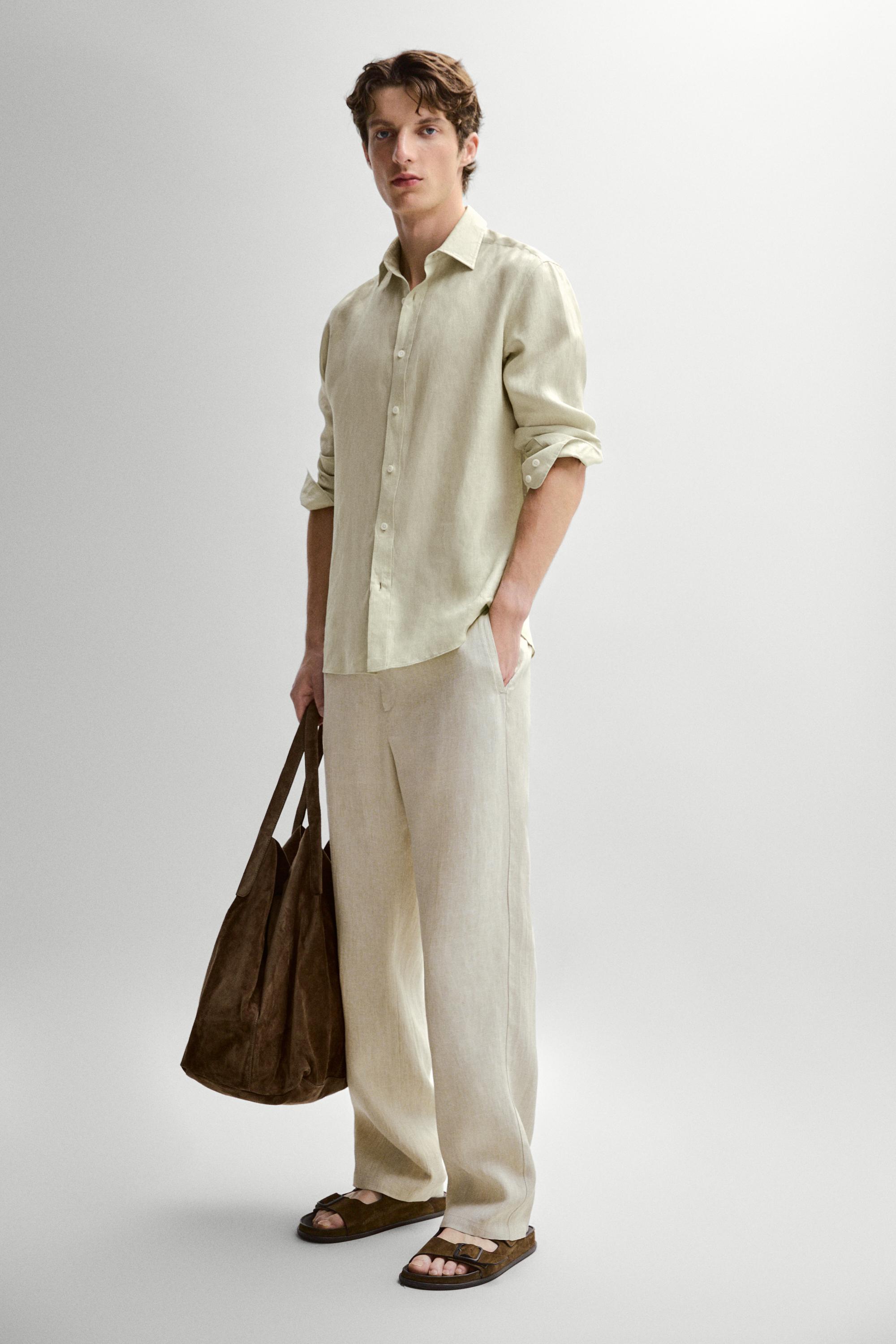 100% Linen Elastic-Waist Pants — BEIGE
