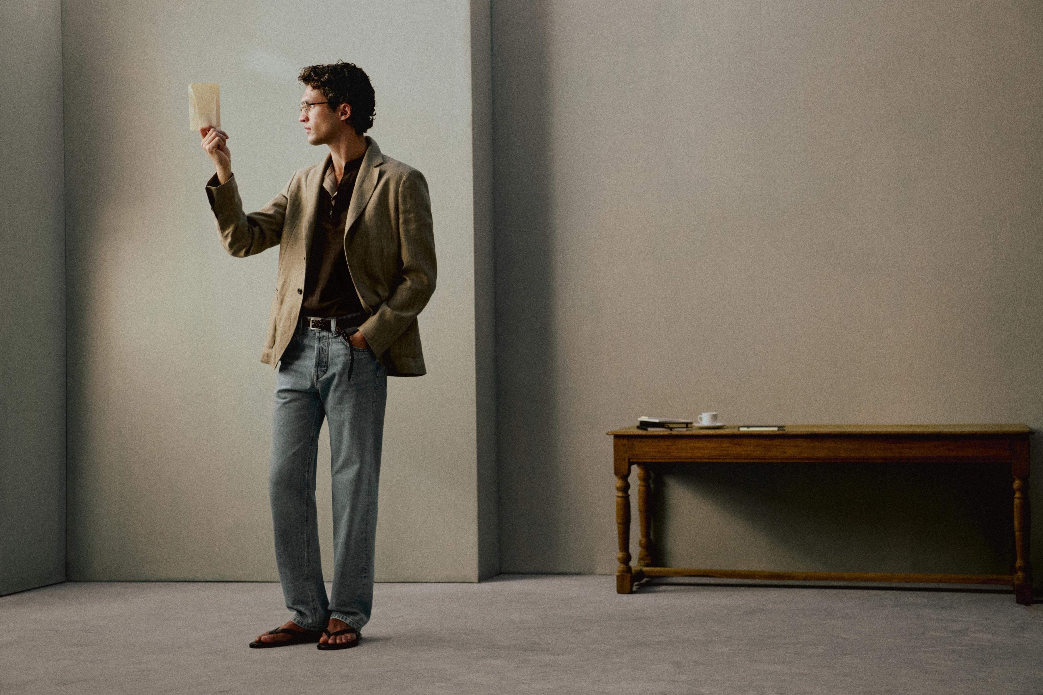Linen herringbone stripe blazer — BEIGE