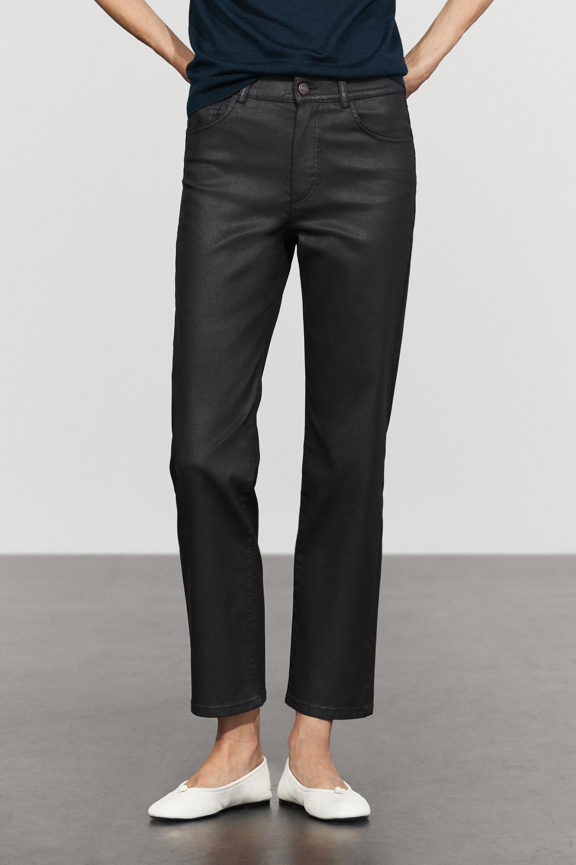 Waxed straight-leg pants — BLACK