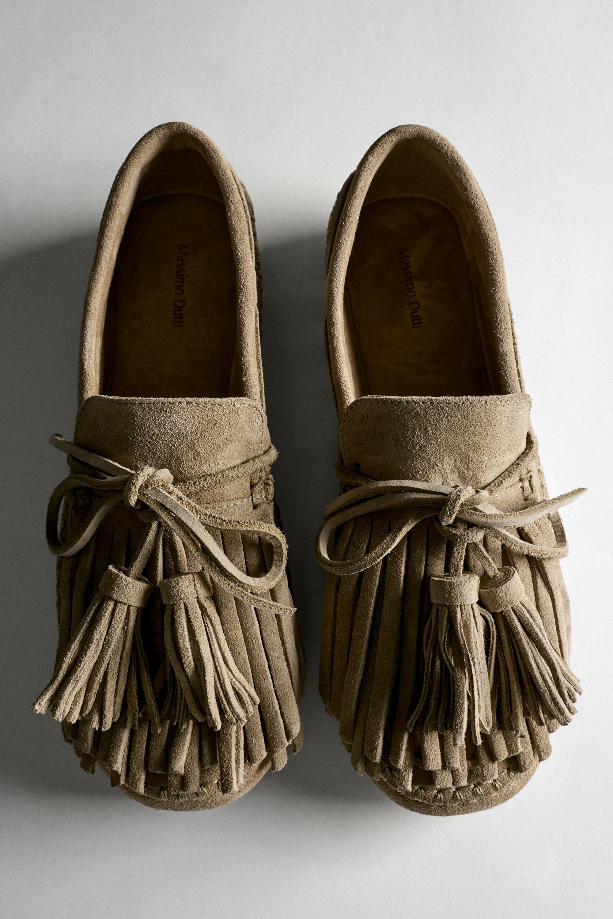 Leather loafers with fringing and tassels — BEIGE