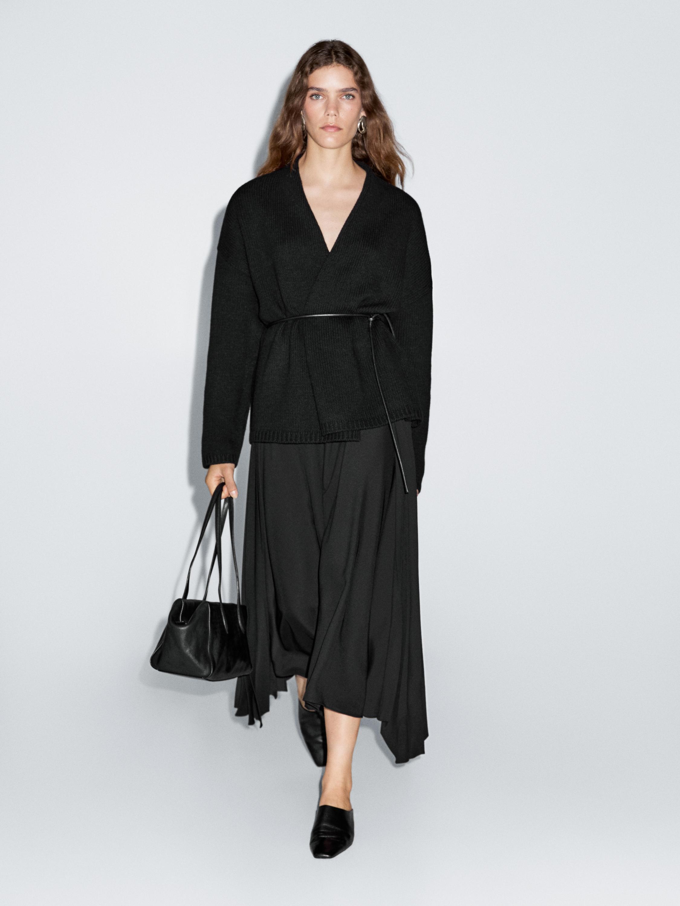 Long knit cardigan with belt