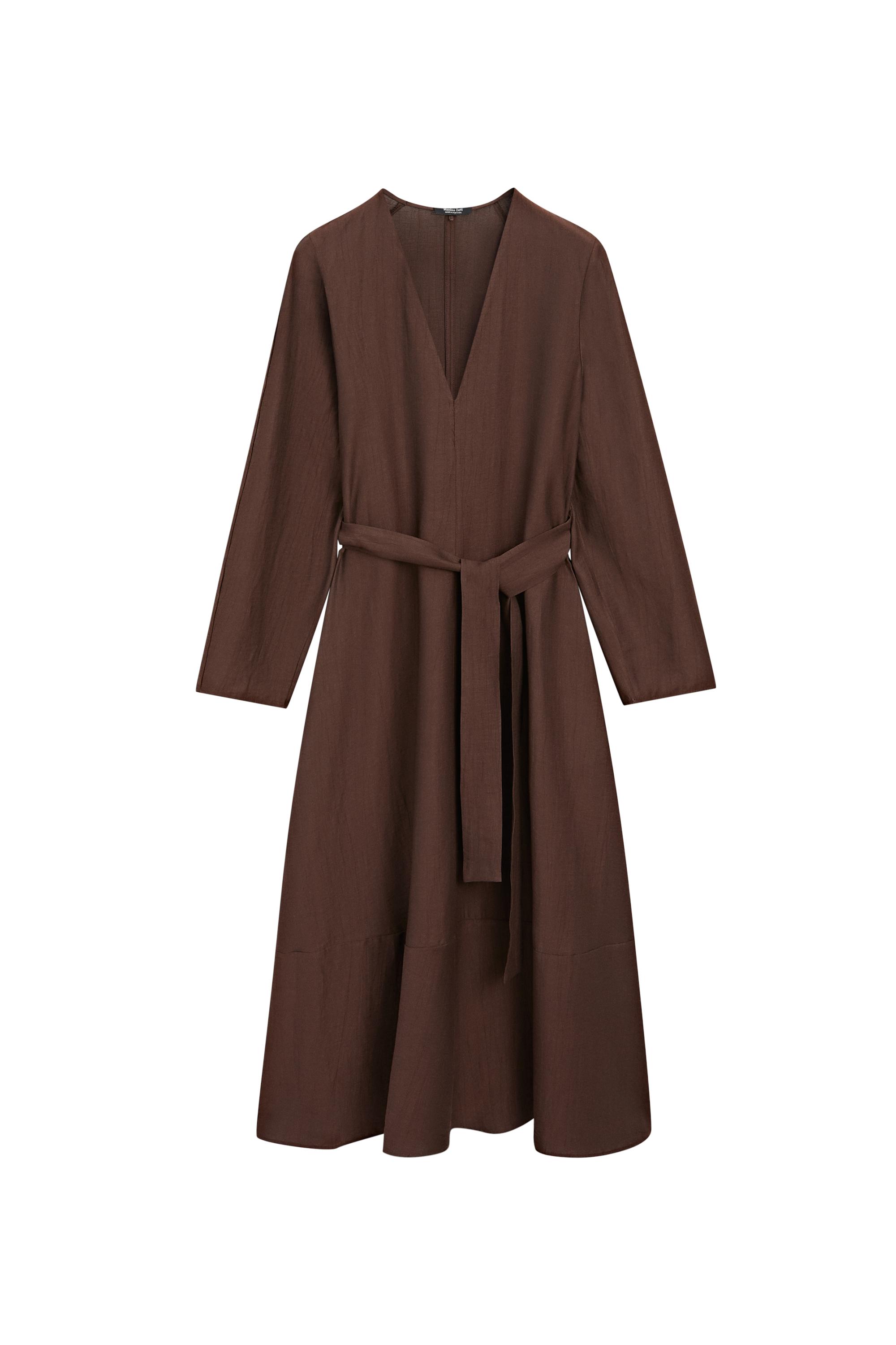 massimo dutti linen blend dress Flowing Linen Midi Dress With Belt - Brown - Xs - Massimo Dutti
