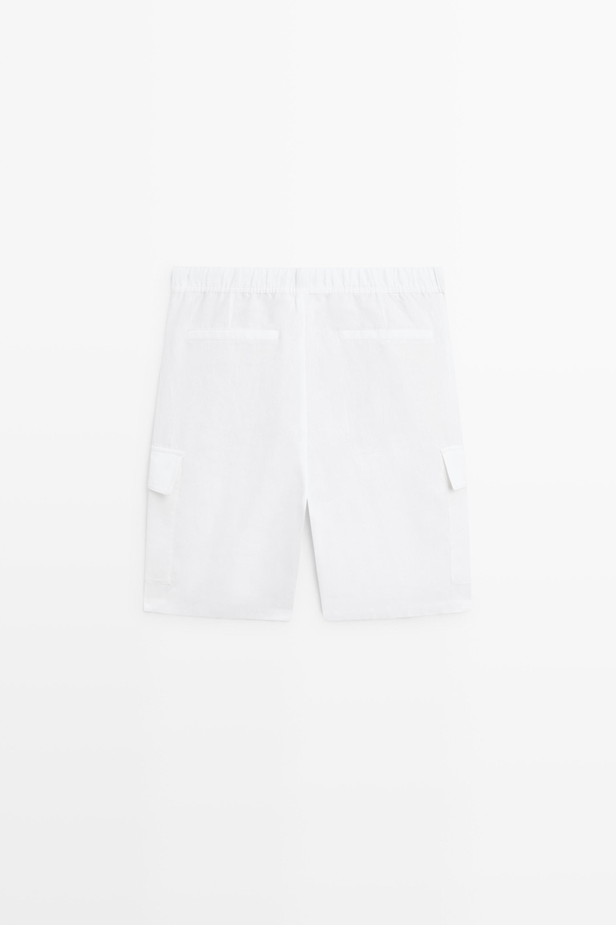 100% linen cargo Bermuda shorts — WHITE
