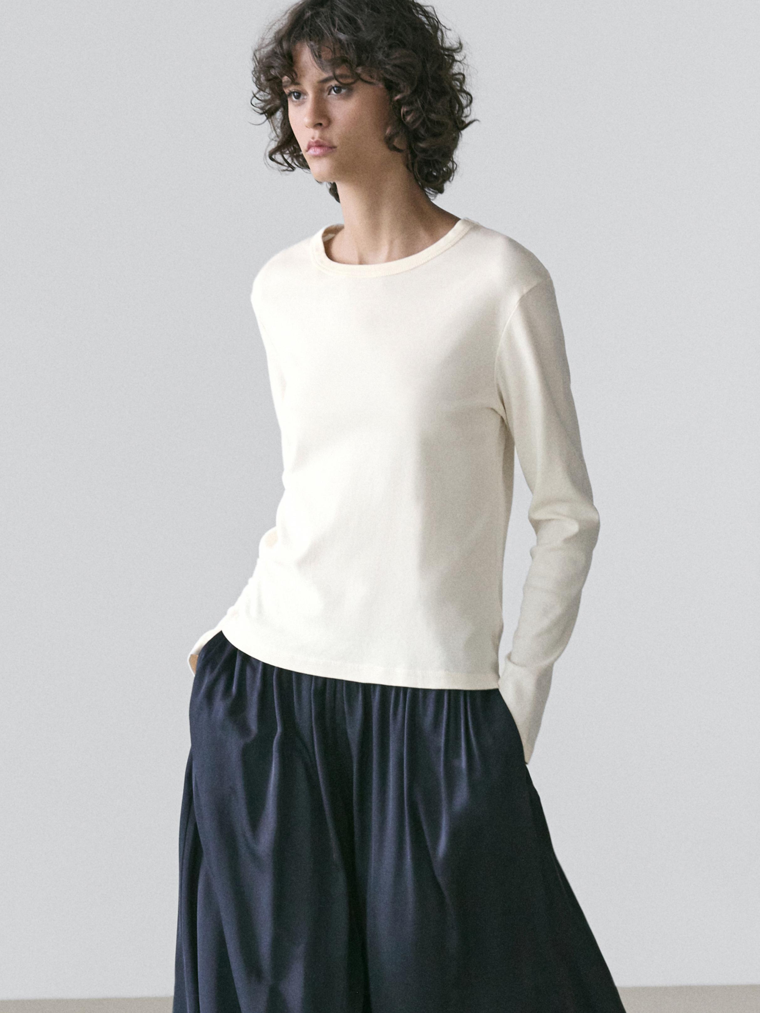 Ribbed long sleeve melange T-shirt — CREAM