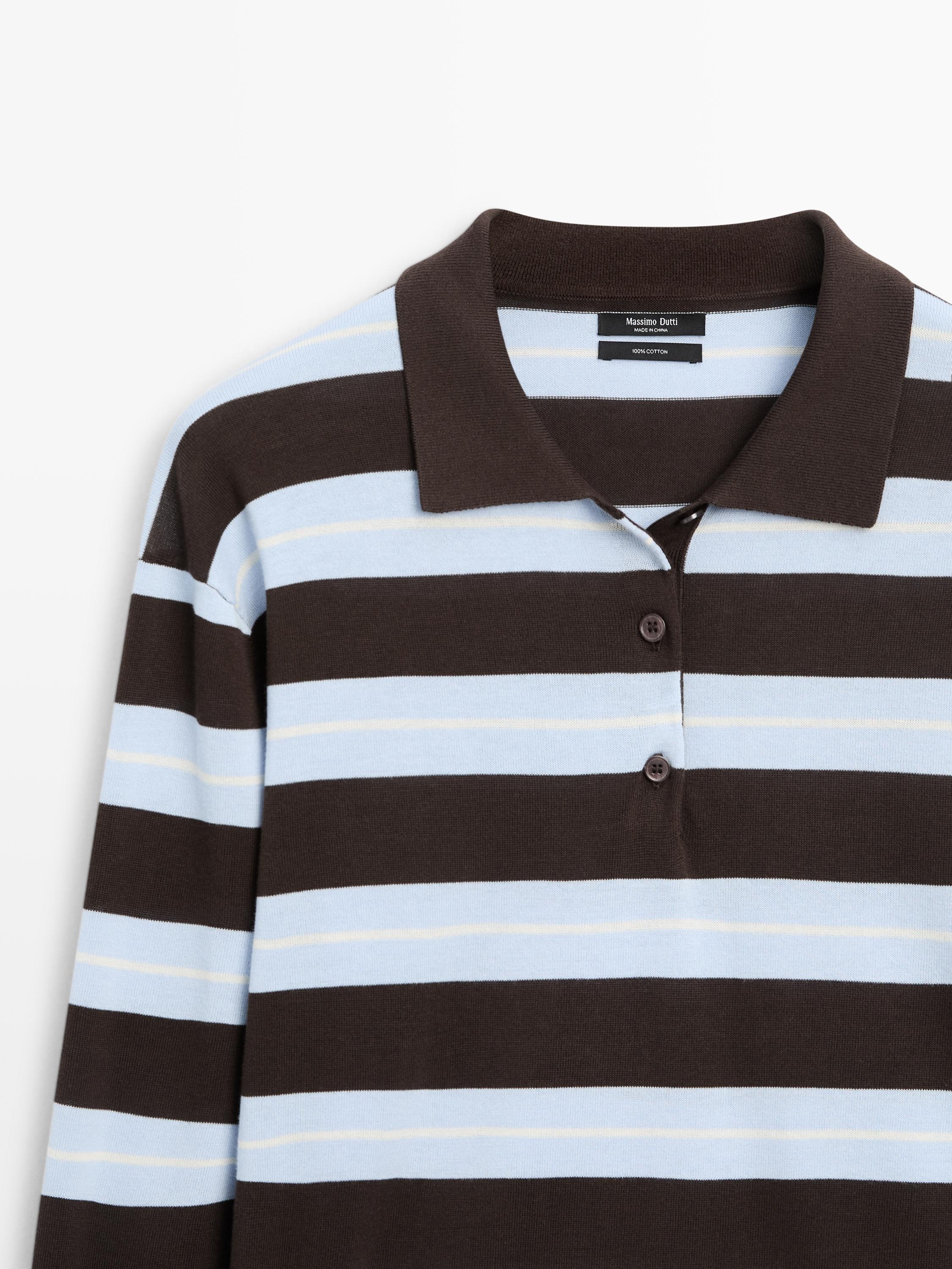 Cotton striped knit polo sweater