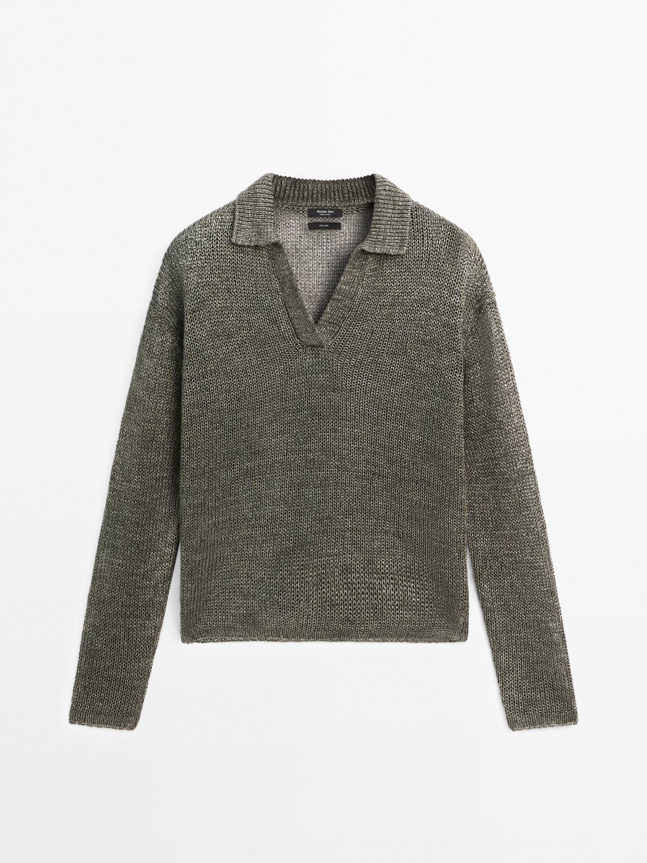 Massimo Dutti - Dame - Striktrøje I 100 % Hør Med Polokrave - Flaskegrøn - L
