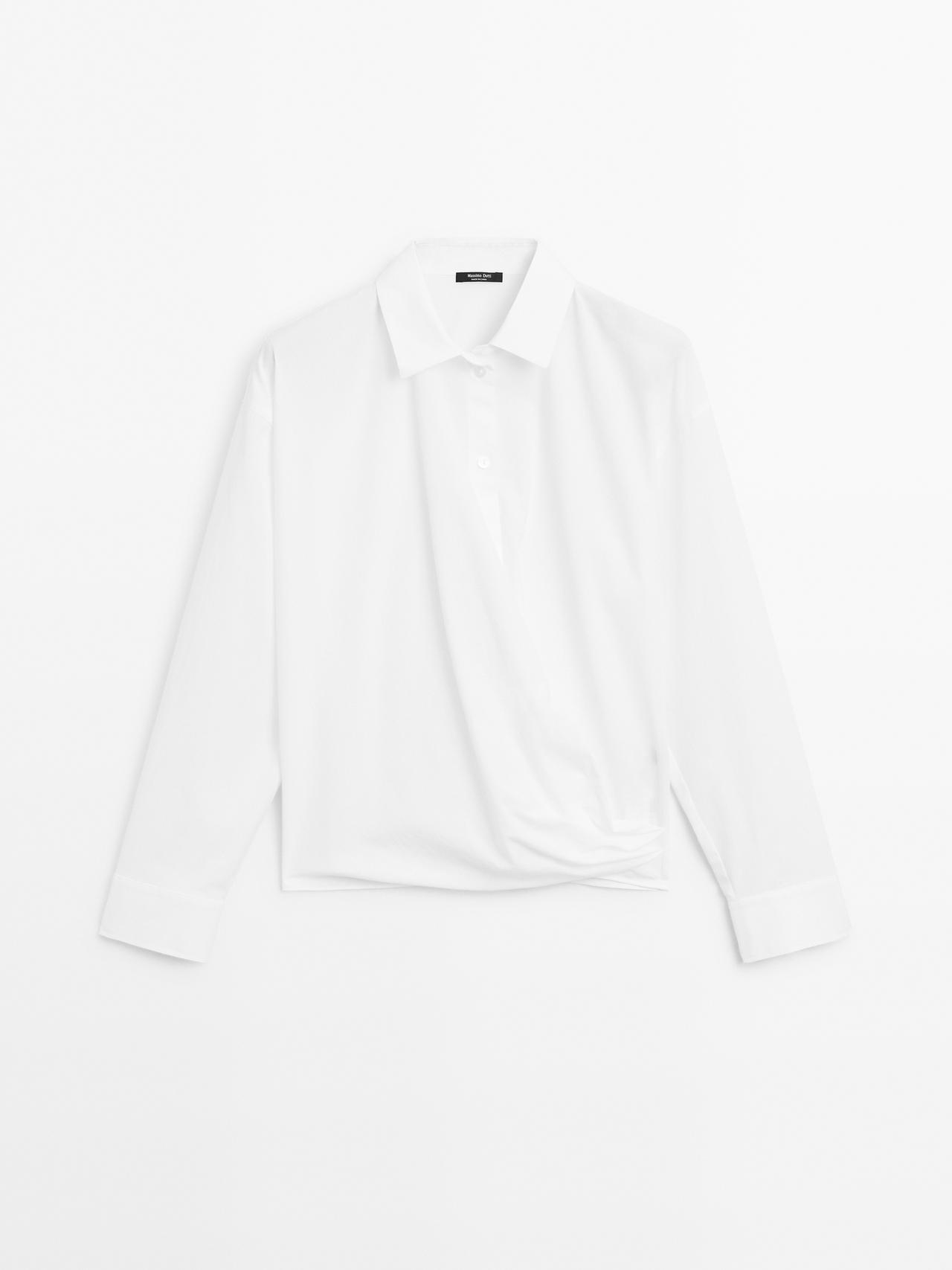 Massimo Dutti - Dame - Skjorte I 100 % Bomuld Med Draperet, Asymmetrisk Kant Forneden - Råhvid - L
