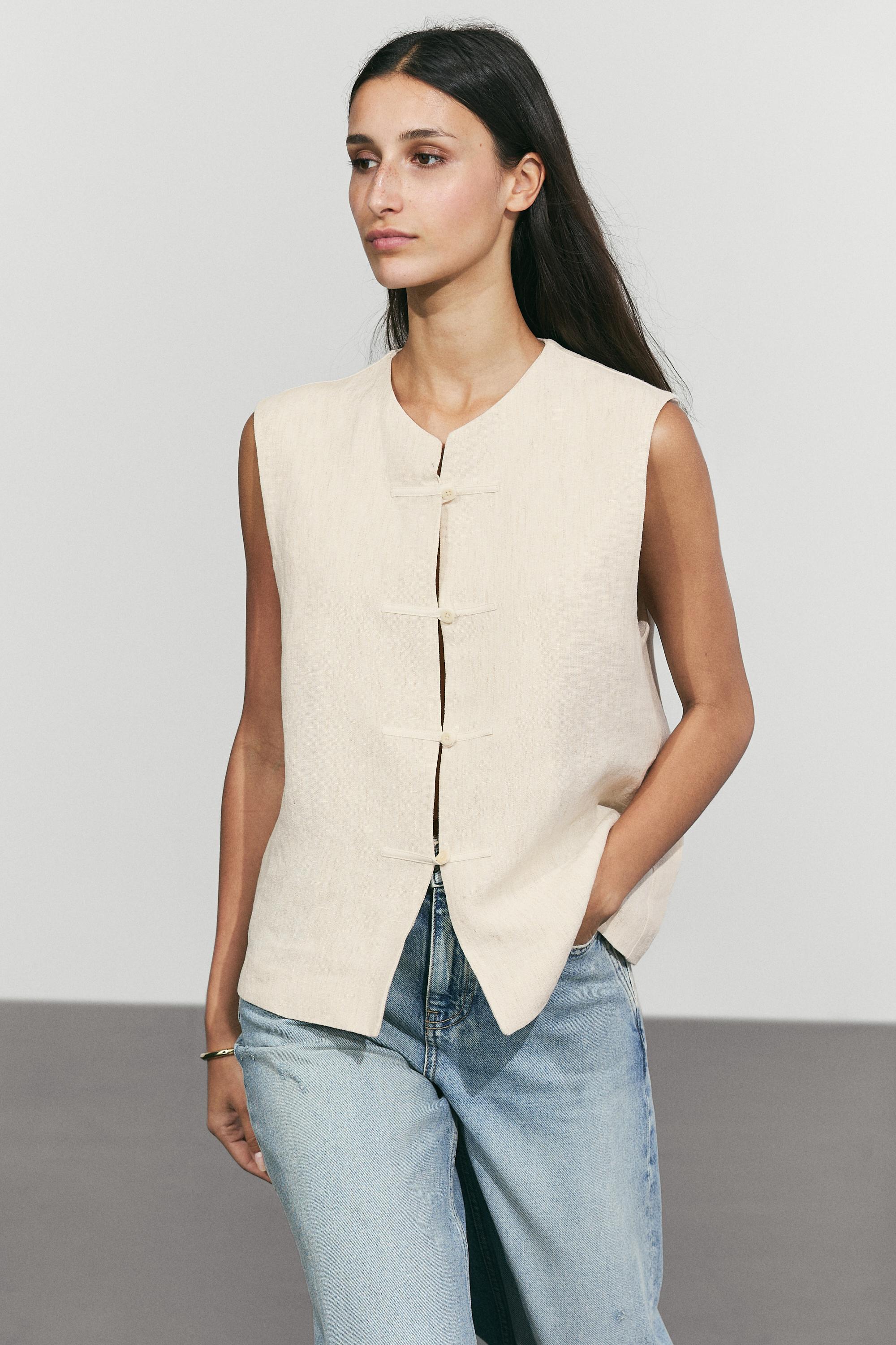 Linen blend button-detail vest