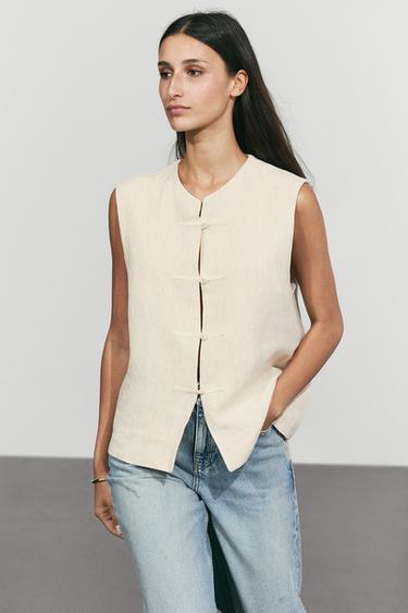 Linen blend button-detail vest — SAND 3