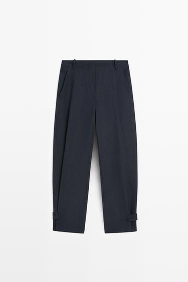 Flowing linen blend pants with buttoned tab detail — NAVY BLUE 2