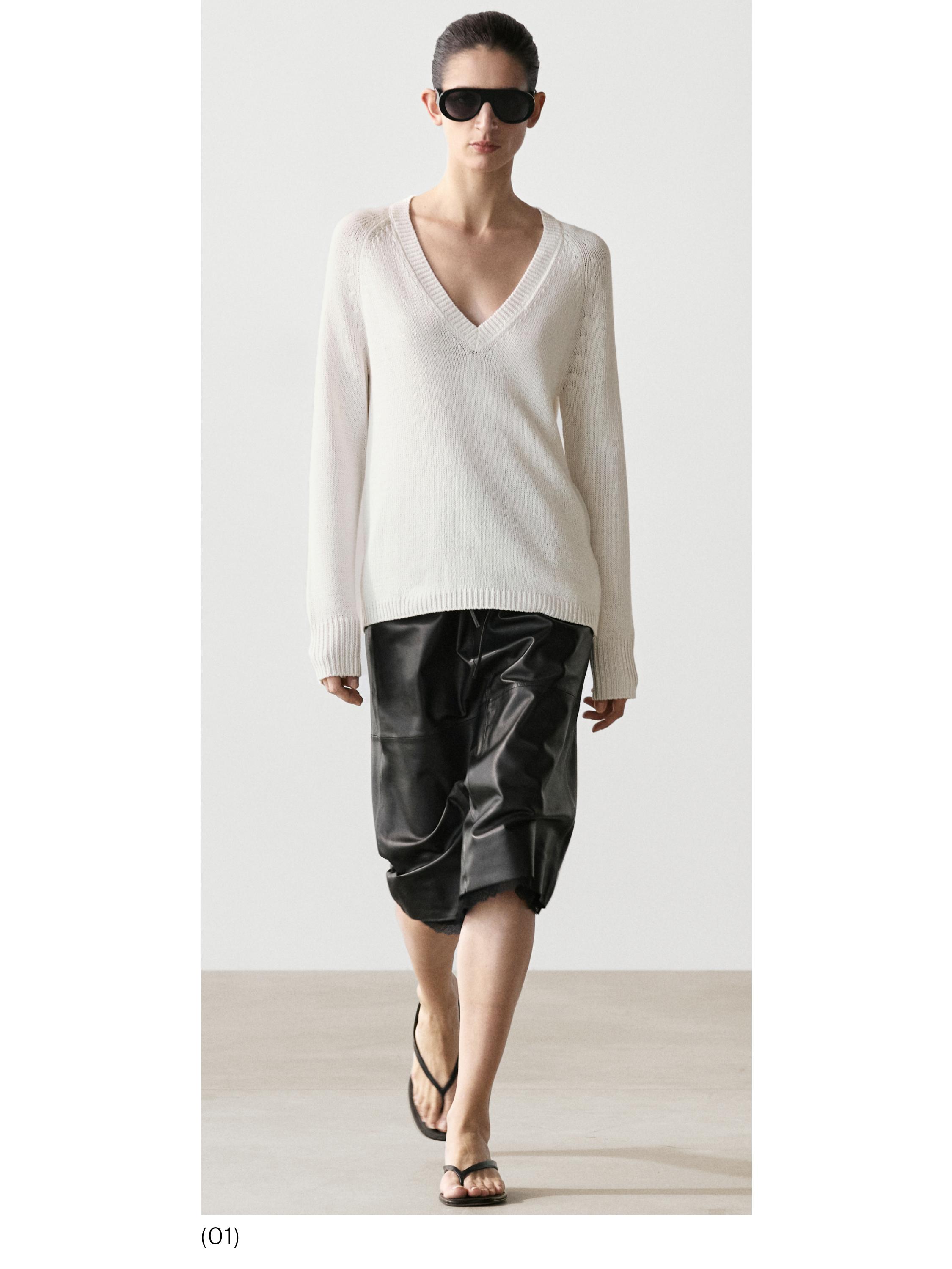 Nappa leather midi skirt with lace detail — BLACK