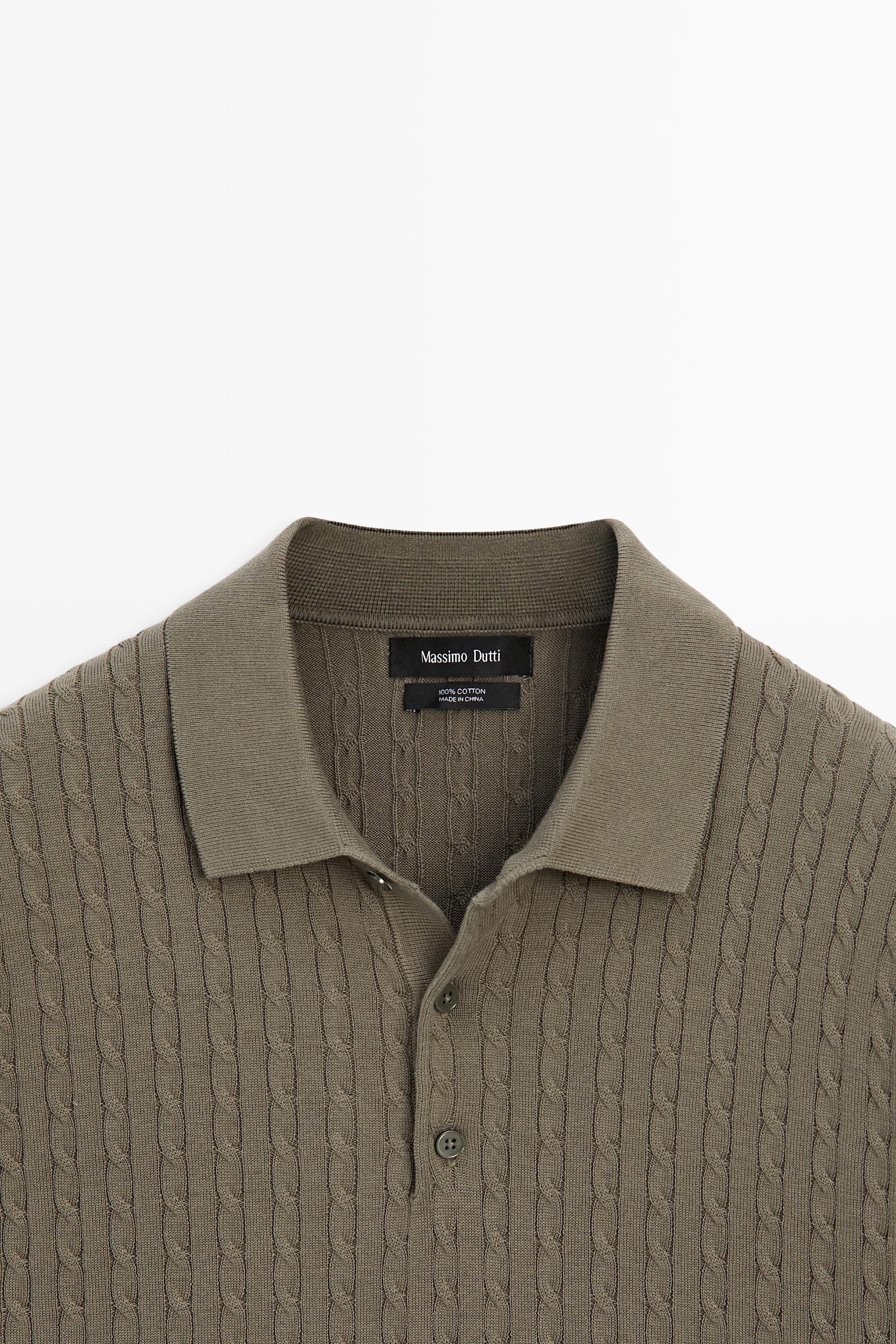 100% cotton cable-knit polo shirt — Khaki