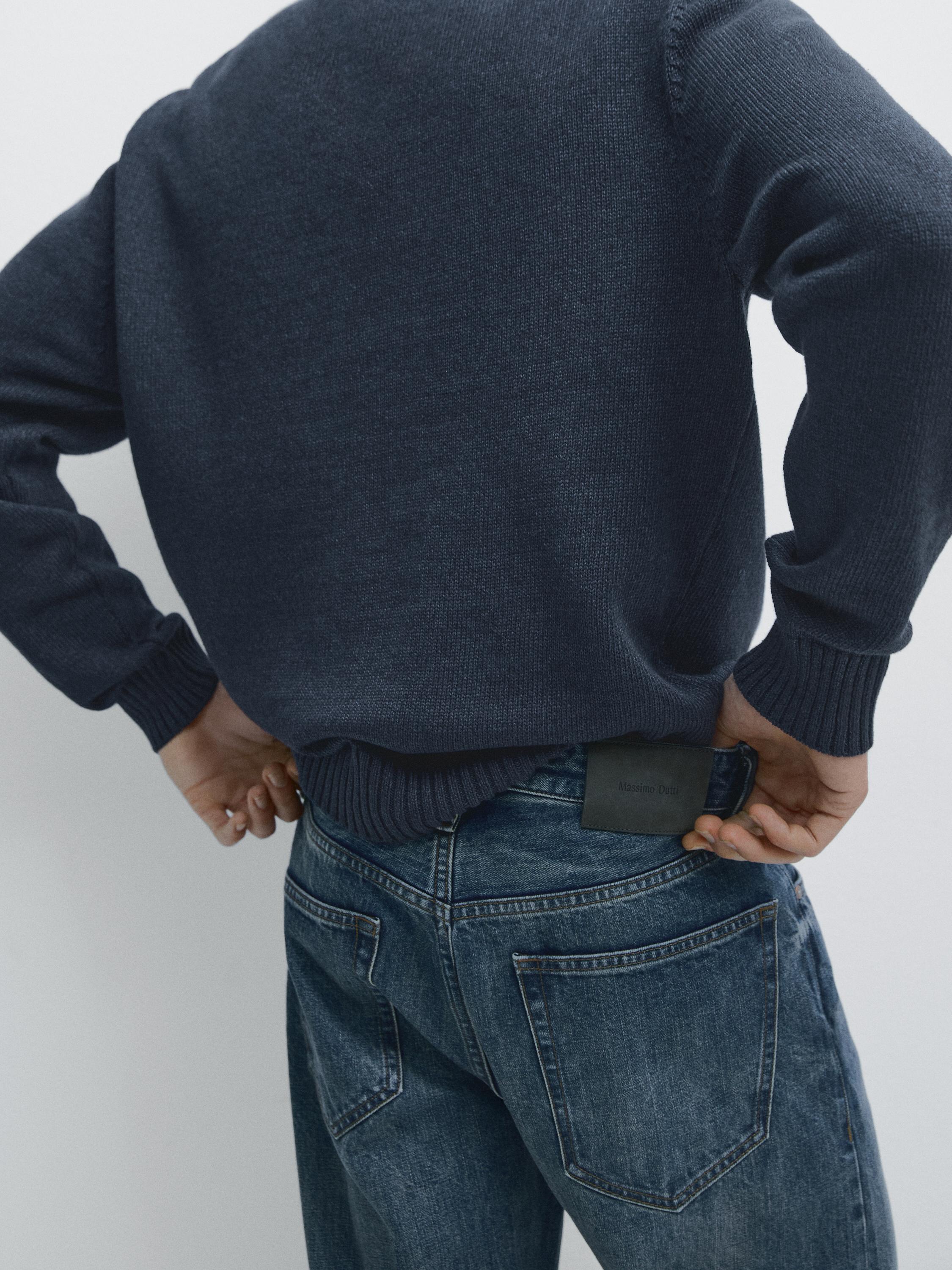 Denim-effect crew neck knit sweater — NAVY BLUE
