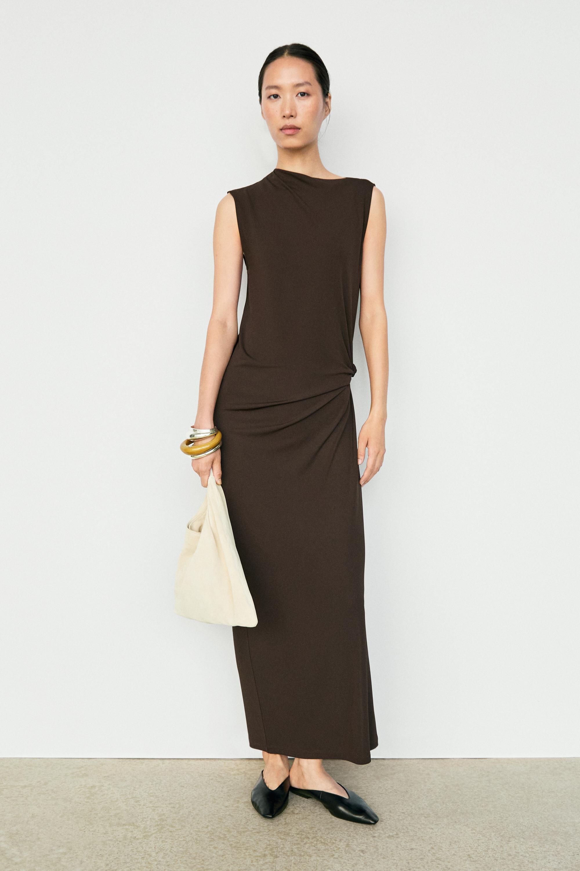 Asymmetric ruched midi dress — BROWN