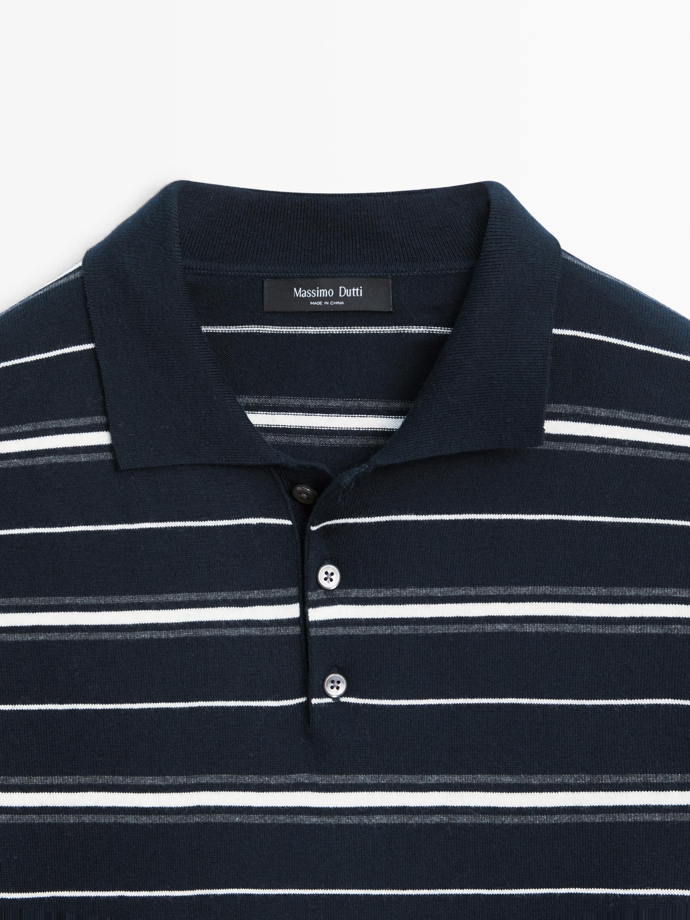 Cotton blend striped knit polo sweater — NAVY BLUE