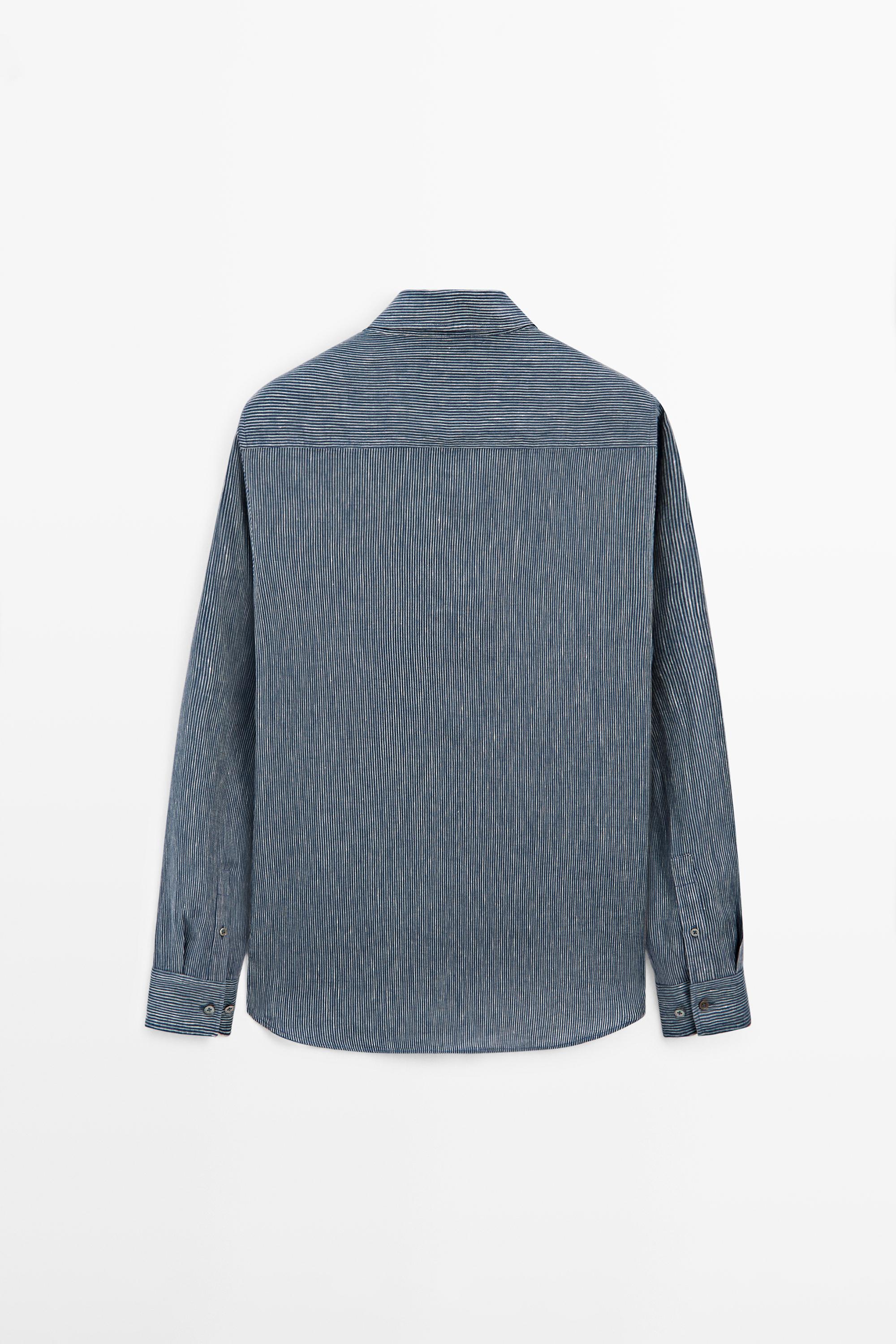 100% linen pinstriped regular fit shirt — NAVY BLUE