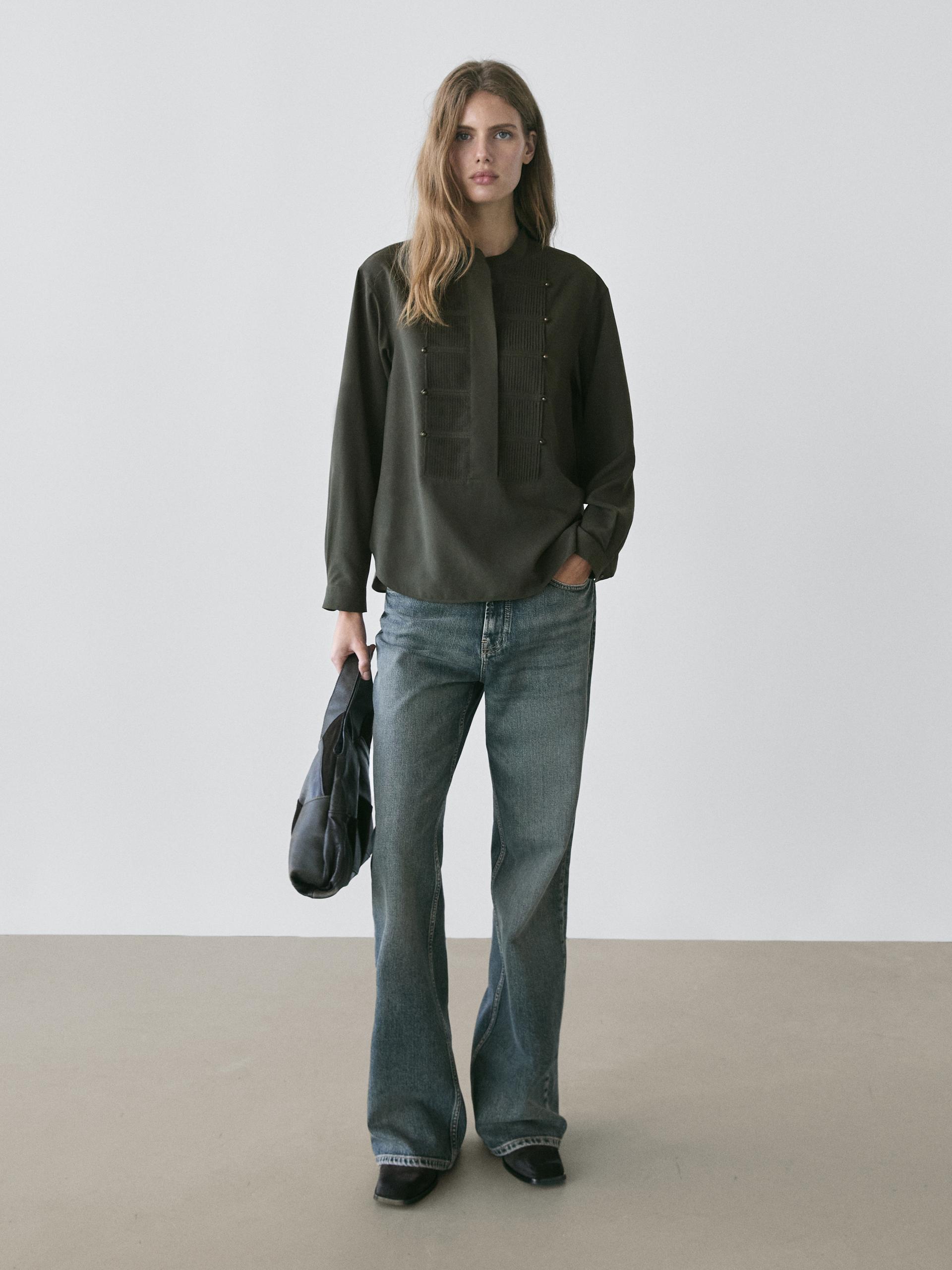 Camisa Jaretas Cuello Mao - Verde - S - Massimo Dutti - Mujer