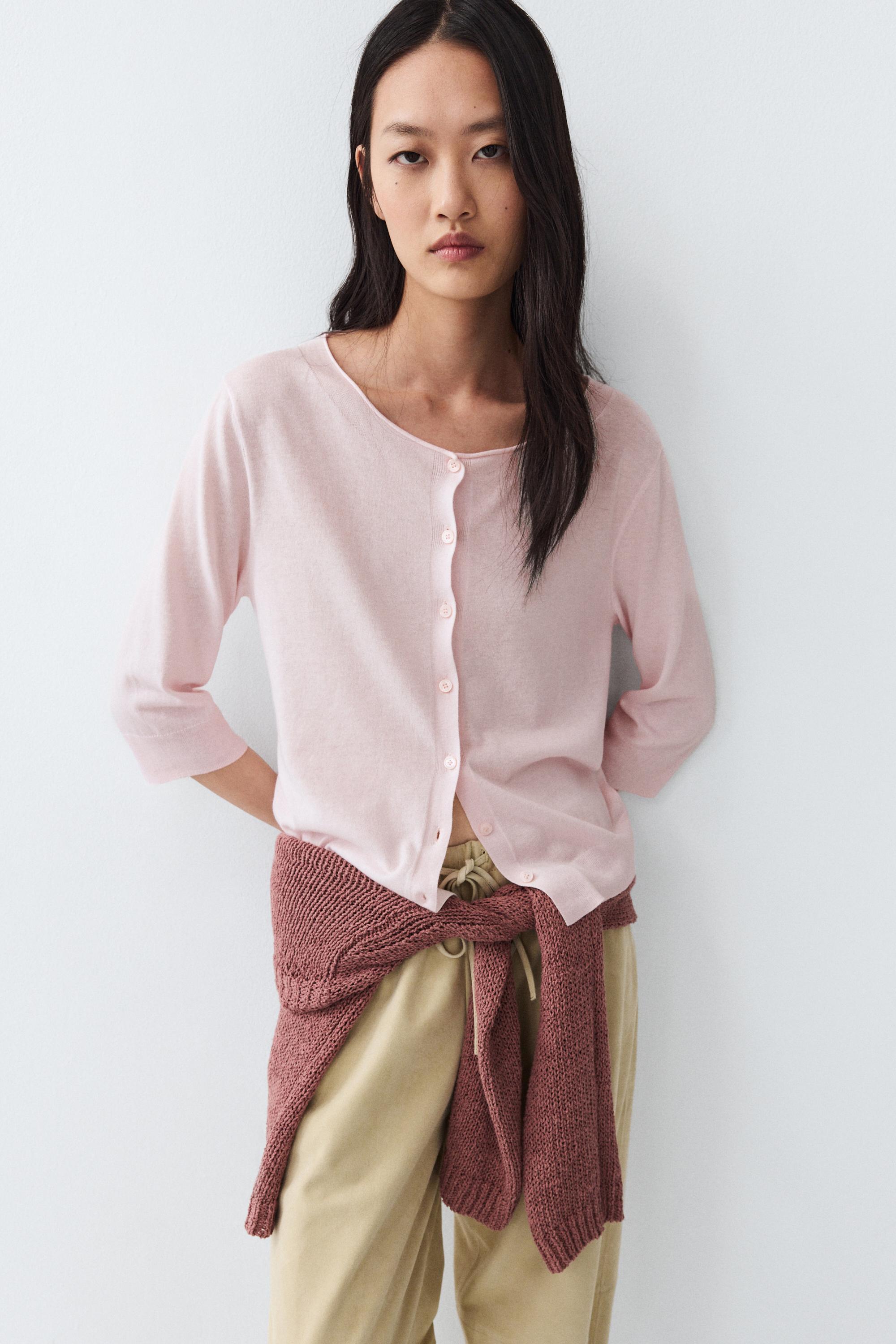 Cotton blend boat neck cardigan — PALE PINK